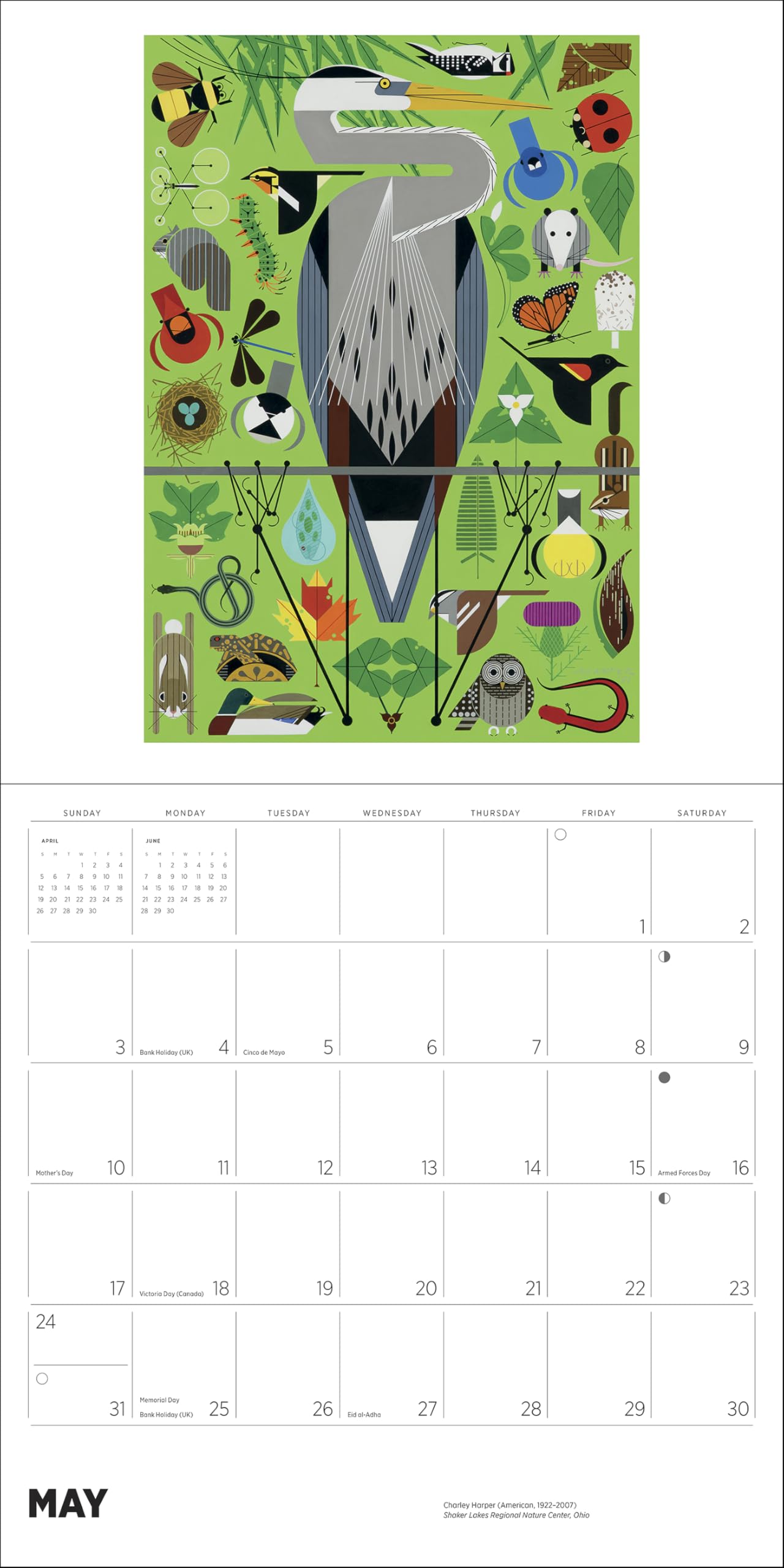Wall Calendar 2026, Charley Harper Art, 12 Months, Large Grid Design Featuring 12 Artworks