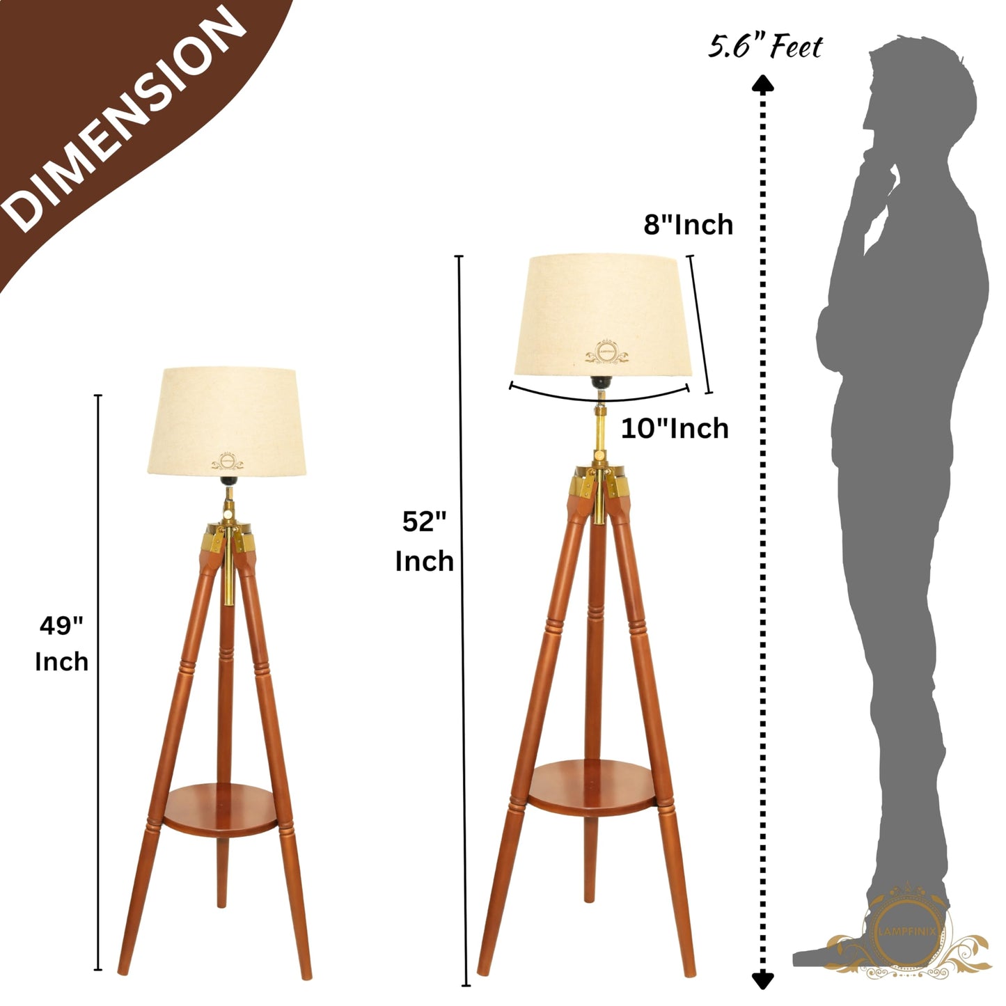 Wooden Tripod Floor Lamp with Beige Shade, Adjustable Height 152 cm, Antique Style, Brown Polished Stand