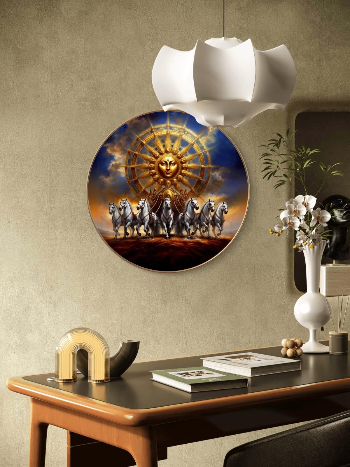 Canvas Wall Painting with Round Golden Frame - Surya Dev & 7 Running Horses - Large Size for Living Room, Bedroom