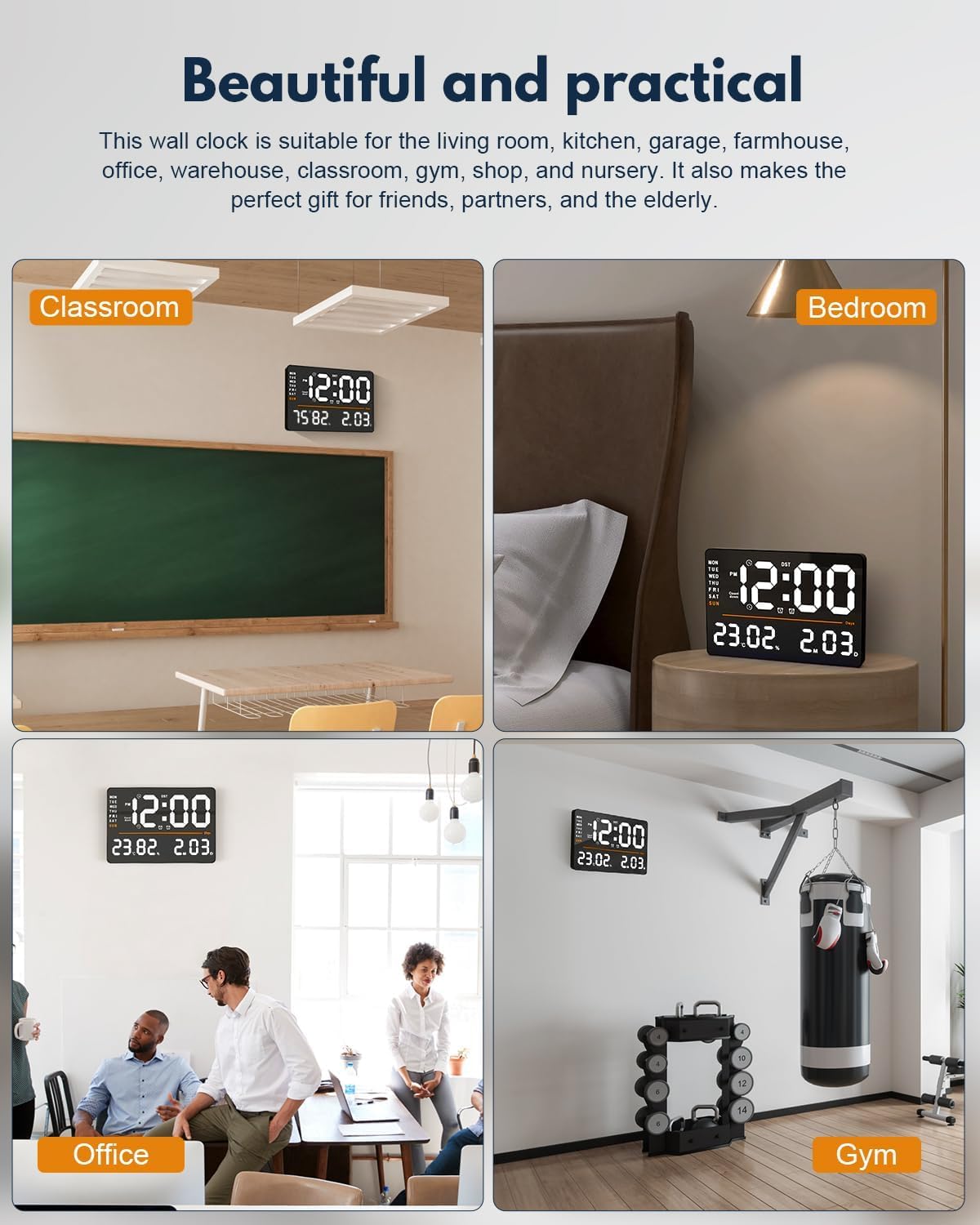 Large Digital Wall Clock with Remote Control, Automatic Brightness, Temperature Display - Square Design