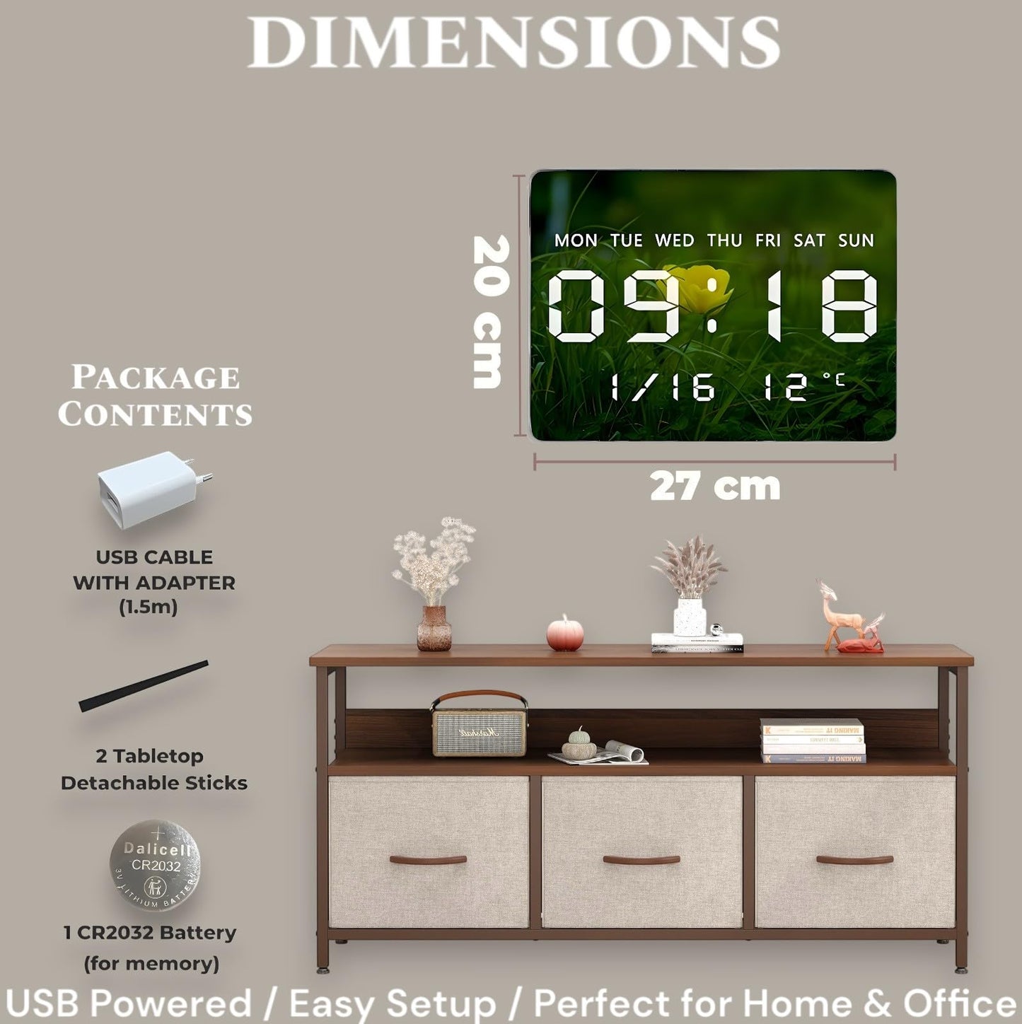 Digital Wall Clock with LED Display, USB Powered, 27x20cm, Grass Color