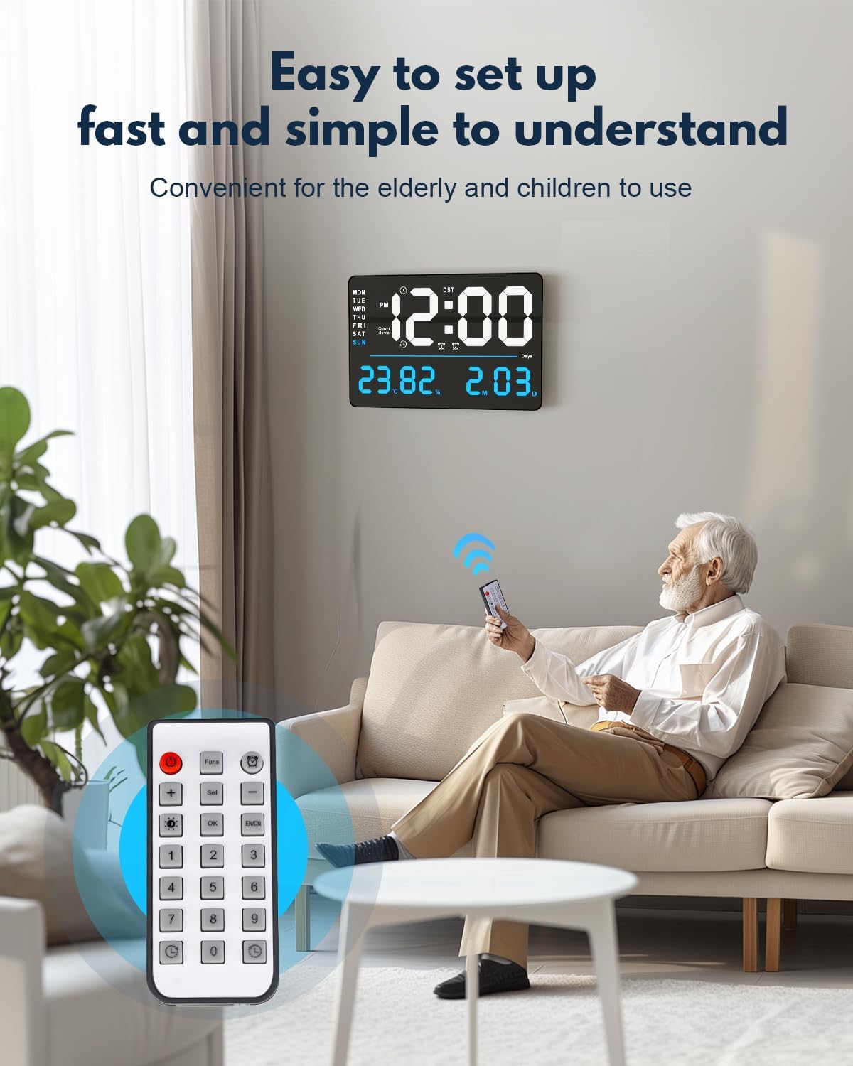 Digital Alarm Wall Clock 16 Inch with Remote Control, Auto Dimming, Temperature & Humidity Display