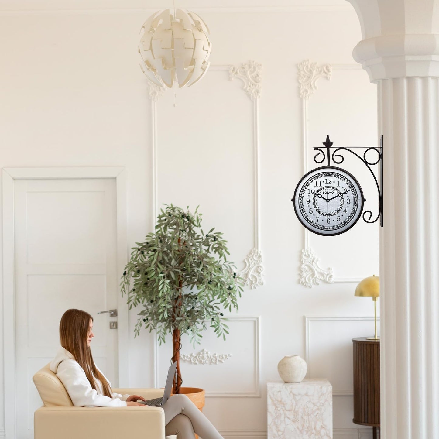 Double Sided Vintage Wall Clock, 8 Inch, Black Metal, Analog, Battery Powered