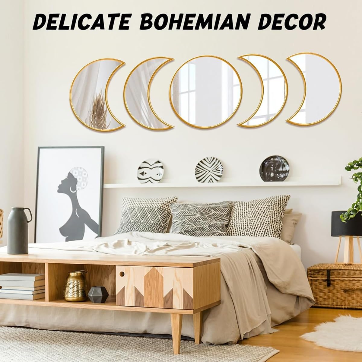 Wall Mirror Set - Modern Gold Framed Multi Shape Glass Mirrors - 5 Pieces - Wall Mounted Decor