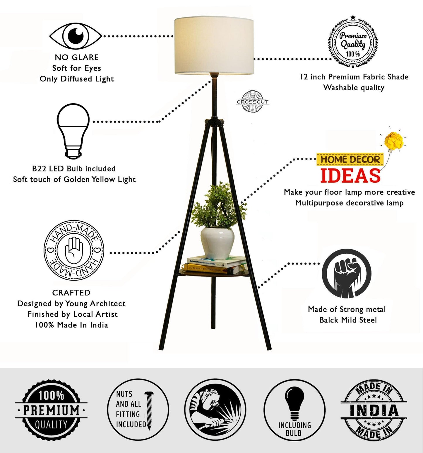 Metal Floor Lamp with Decorative Shelf - Black Powder Coated - LED Bulb Included