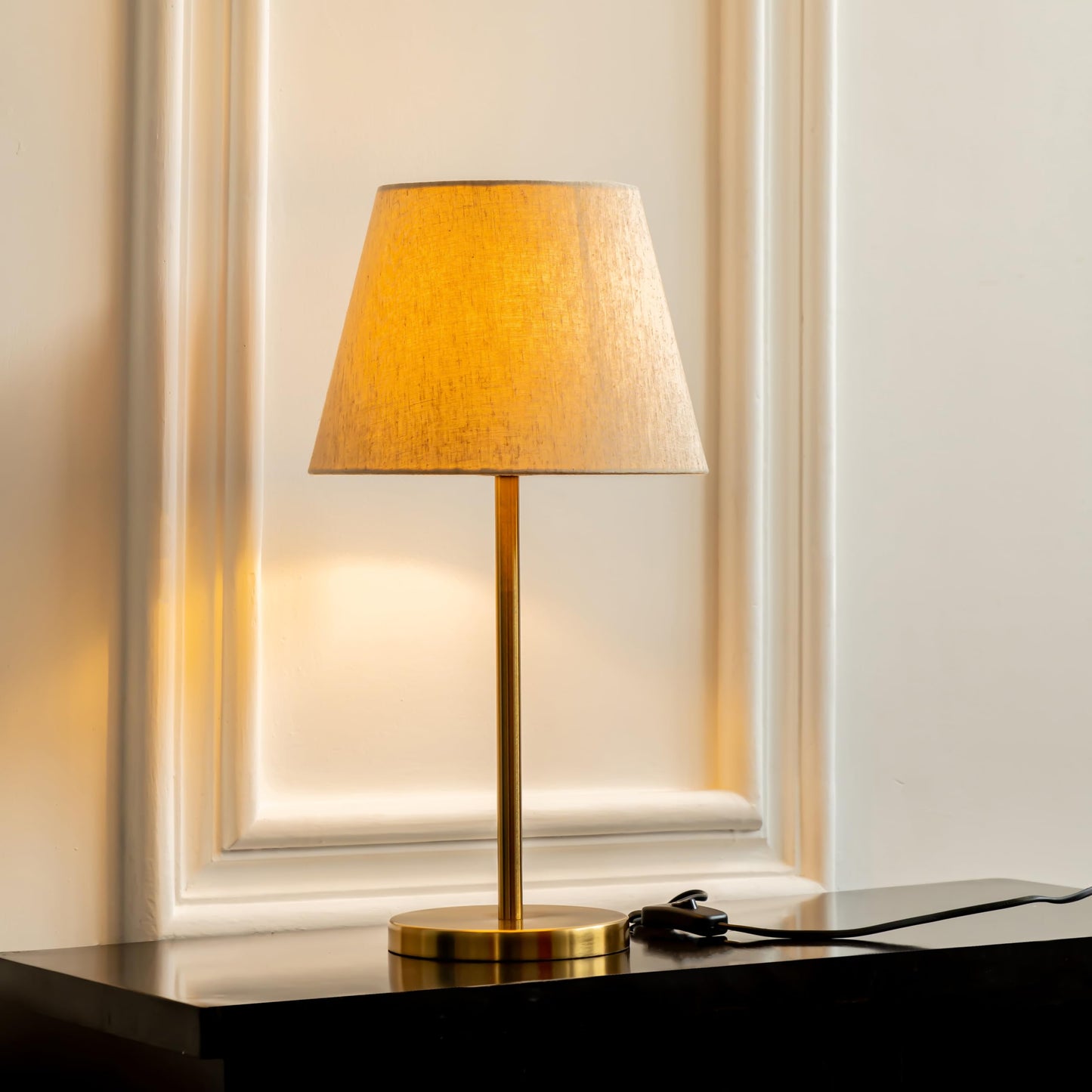 LED Table Lamp Modern Brass Antique Finish 19 Inch Height with 10 Inch Off White Tapered Shade