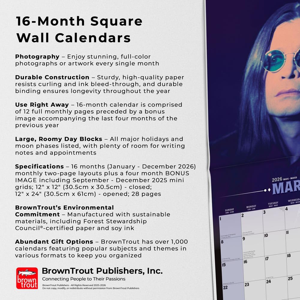 Ozzy Osbourne OFFICIAL | 2026 12 x 24 Inch (Hanging) Monthly Square Wall Calendar | BrownTrout | Heavy Metal Black Sabbath