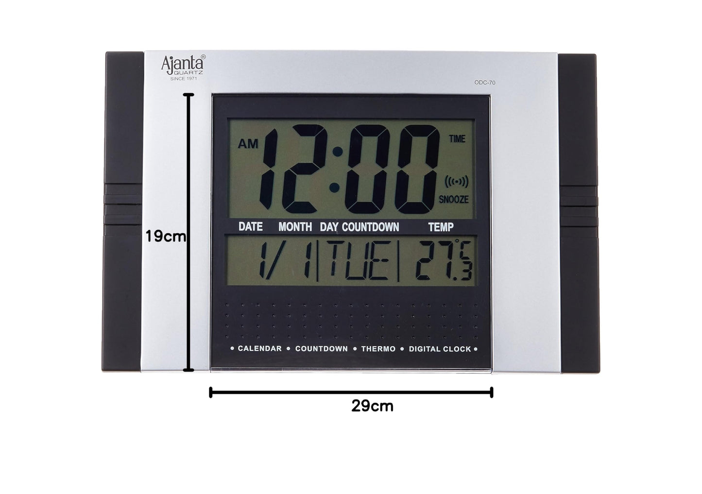 Digital Alarm Wall Clock with Quartz Movement, 29 cm x 19 cm, Black Plastic