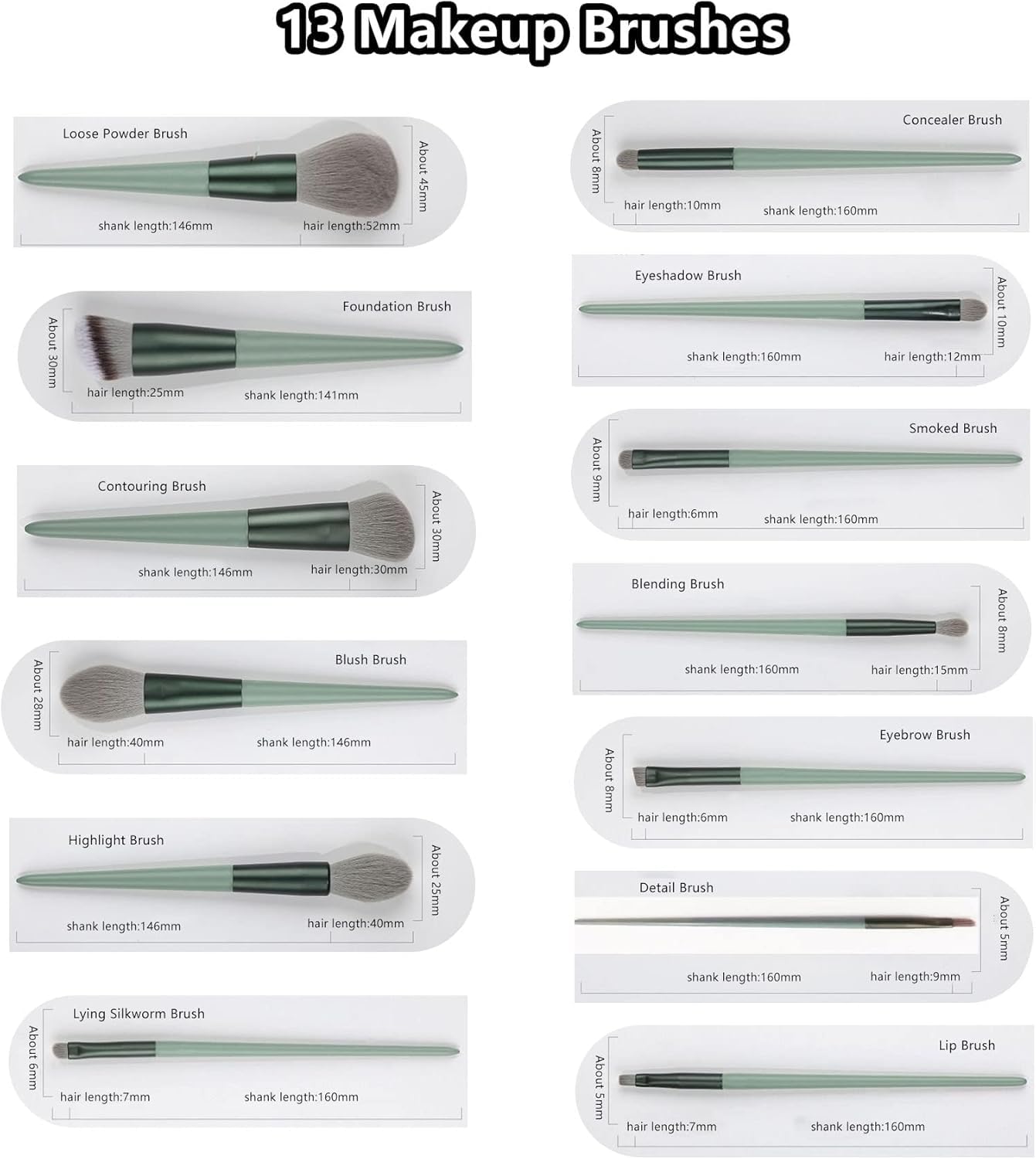 13-Piece Green Makeup Brush Set with Travel Bag for Beginners