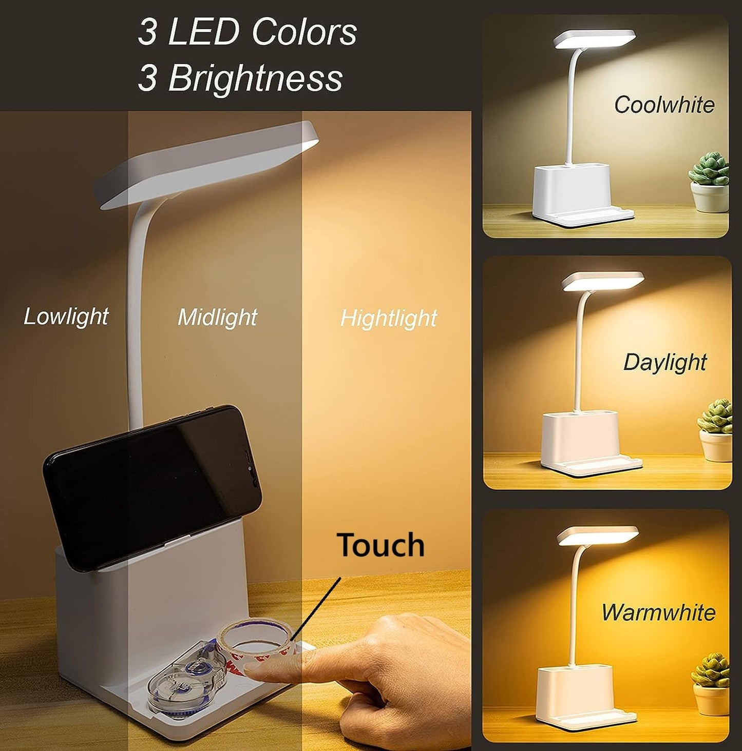LED Desk Lamp with 3 Color Modes, USB Rechargeable, Flexible Gooseneck, Plastic, Eye Protection