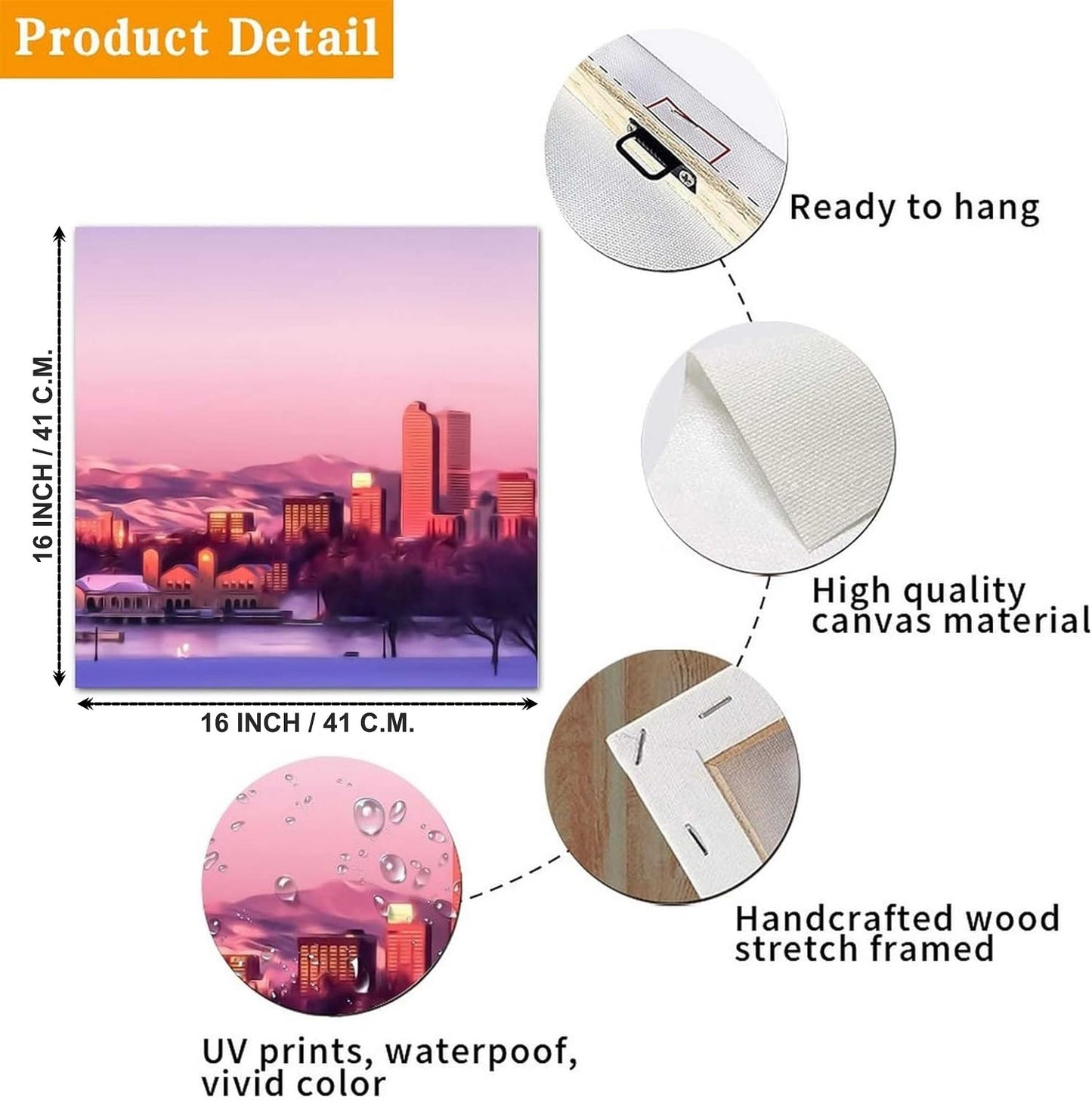 Wall Painting Modern Abstract Mountain Landscape Canvas Art Grey Navy Blue Orange 16 Inch x 16 Inch