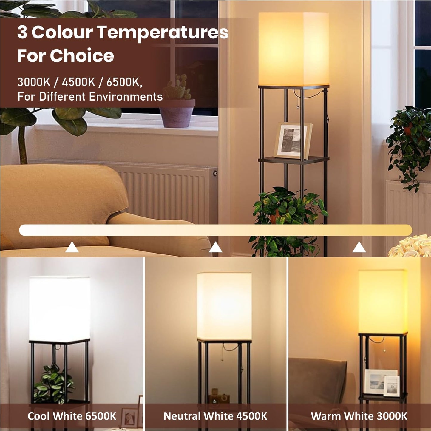 LED Floor Lamp with 3 Color Modes, Metal & Wooden Shelves, 209 cm Tall, Black