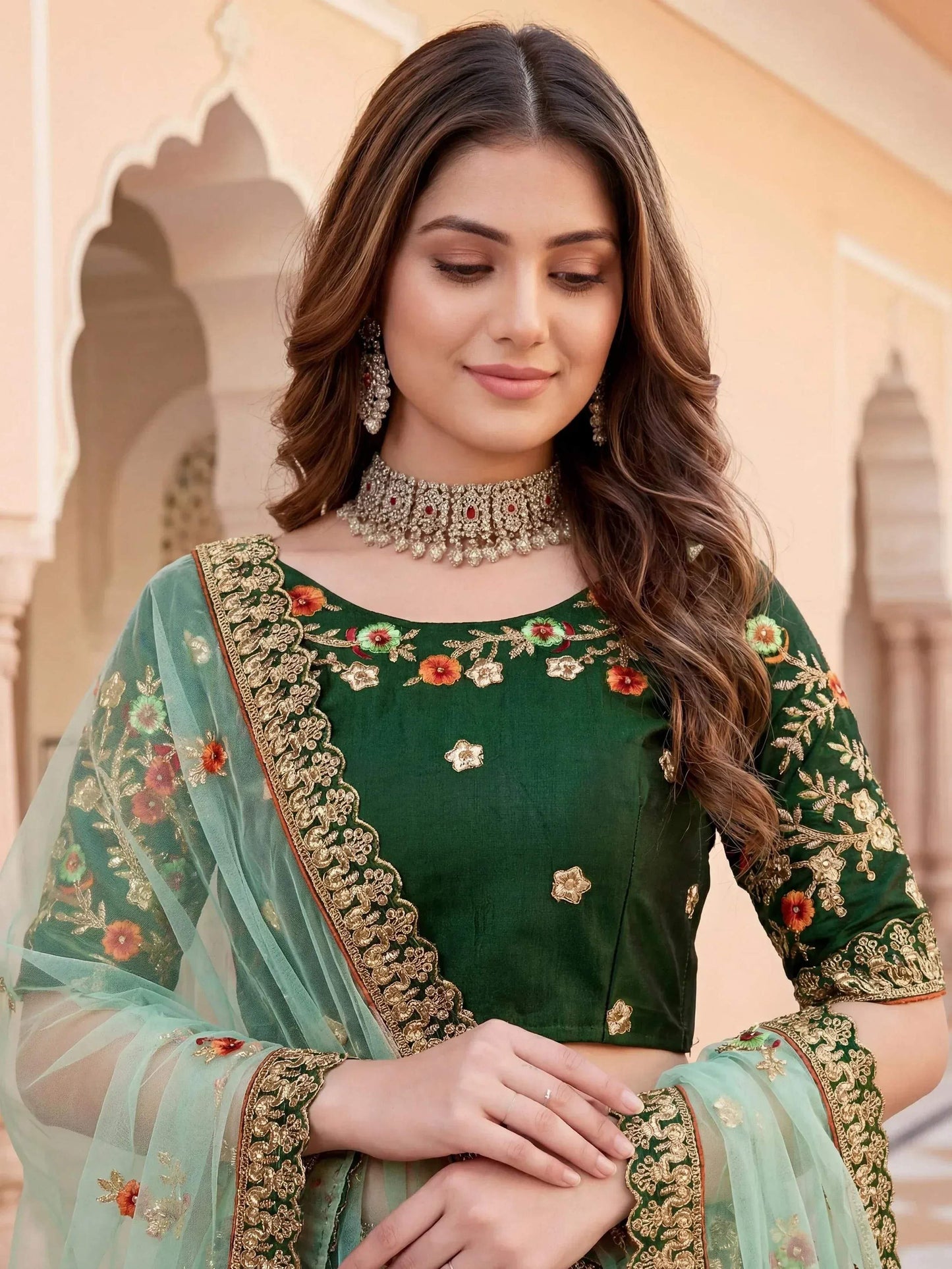 Tulsi Art Graceful Green Thread Embroidered Silk Wedding Wear Lehenga Choli