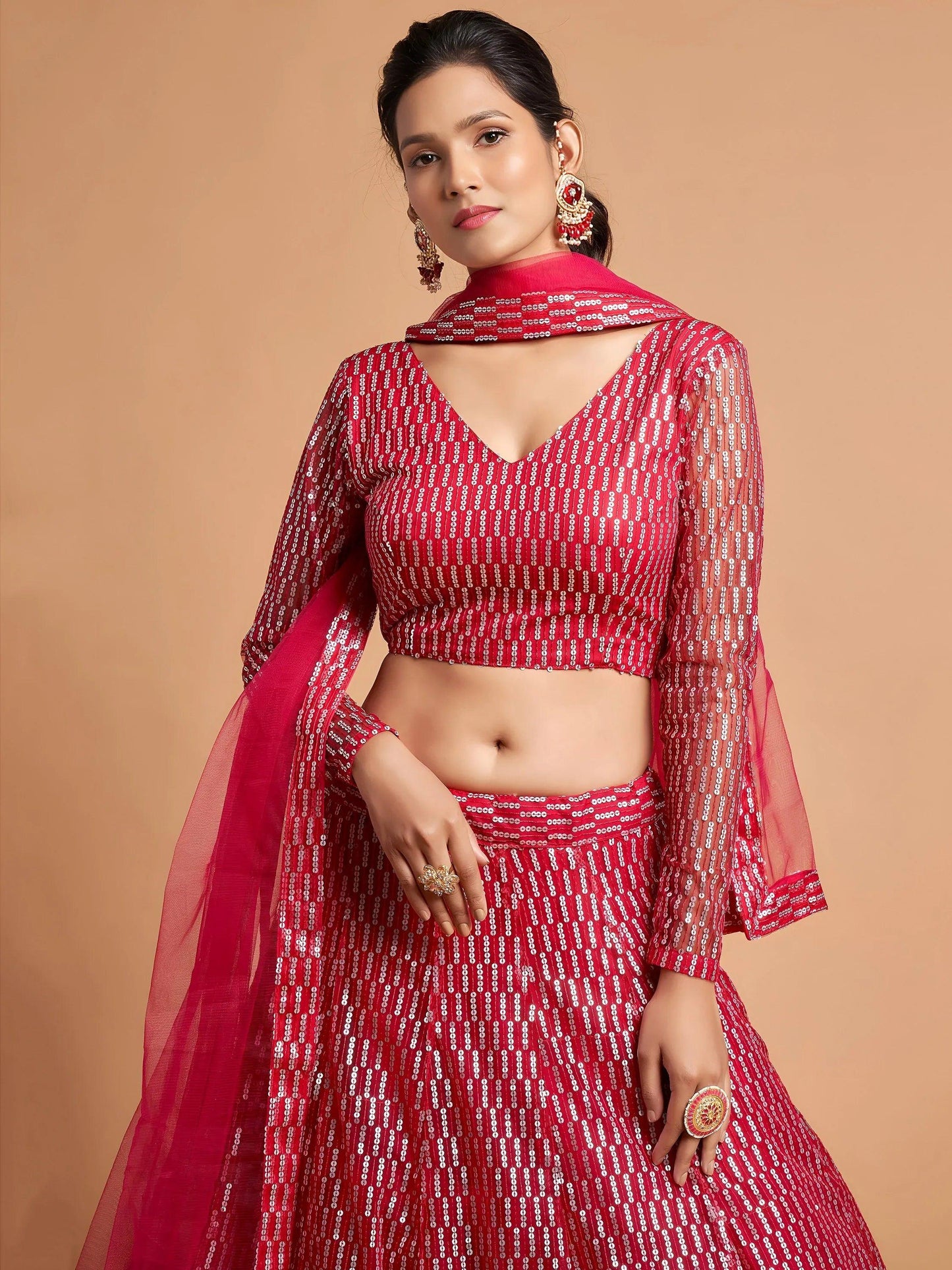 Tulsi Art Hot Pink Thread Embroidered Net Party Wear Lehenga Choli