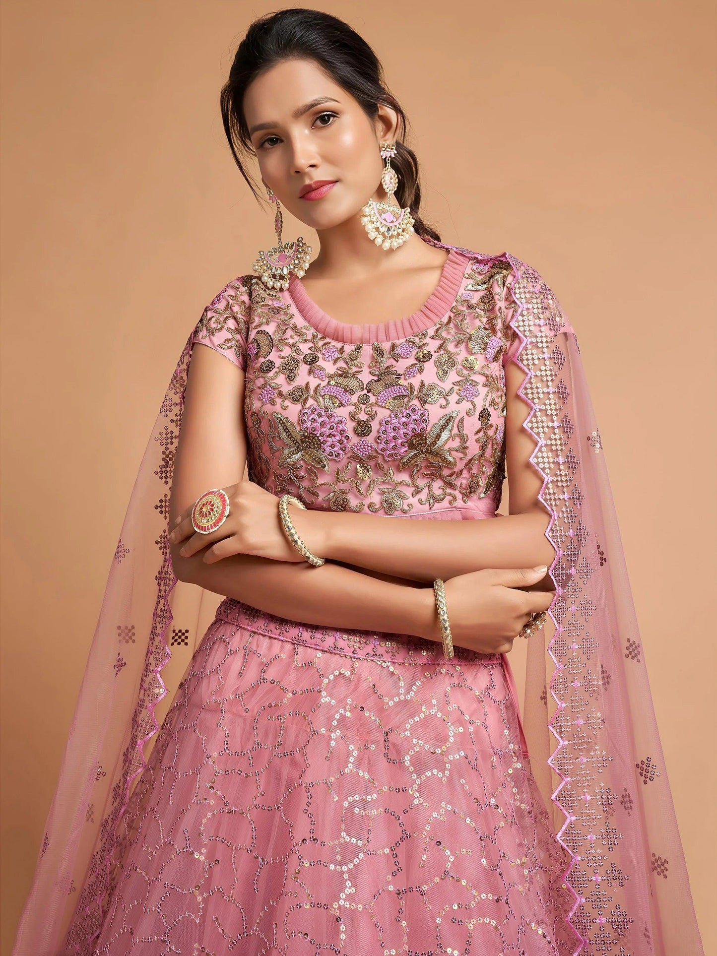 Tulsi Art Blush Pink Dori Thread Embroidered Net Wedding Lehenga Choli