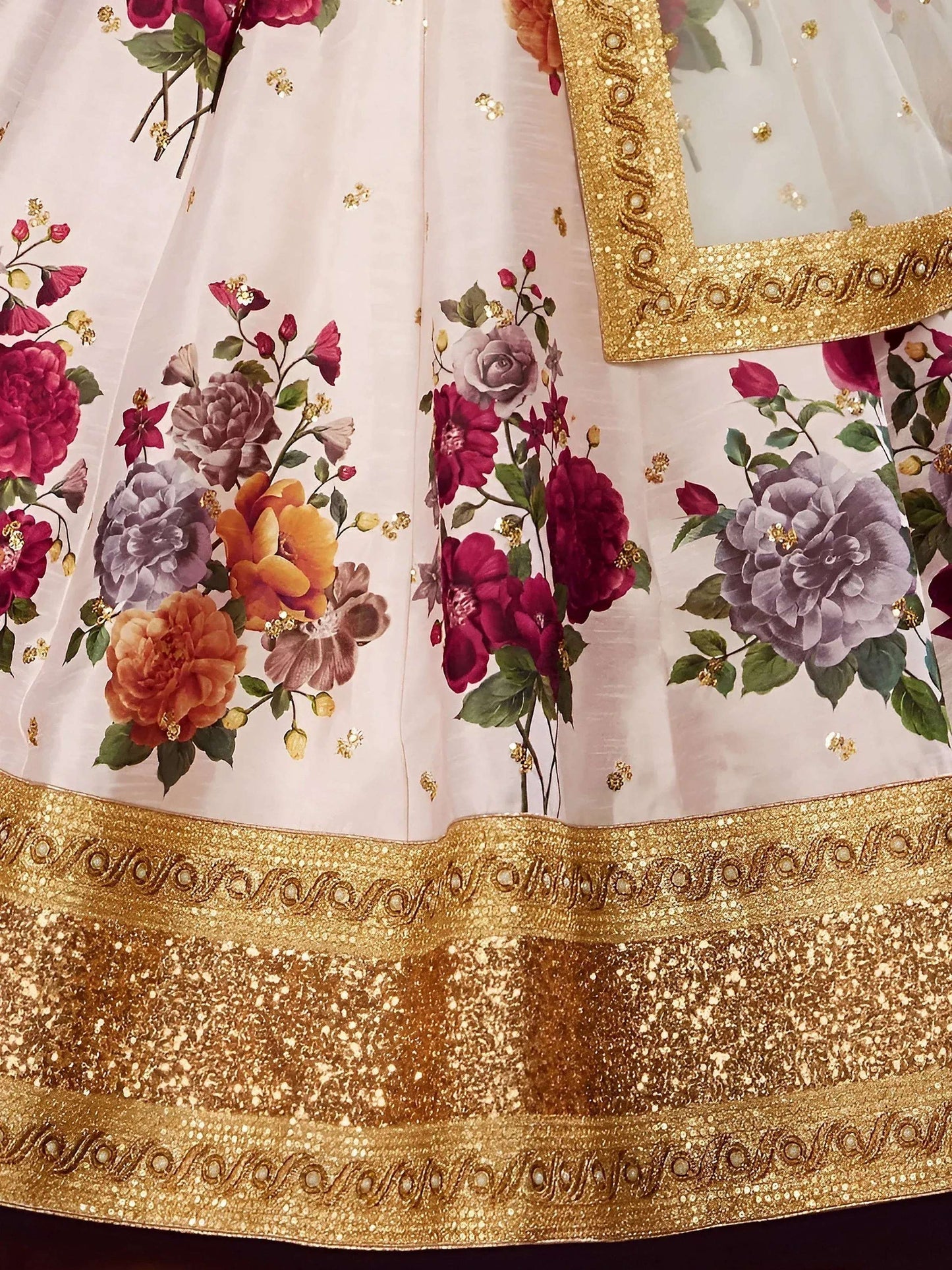 Tulsi Art Off-White Floral Print Banglori Silk Bridal Lehenga Choli With Dupatta