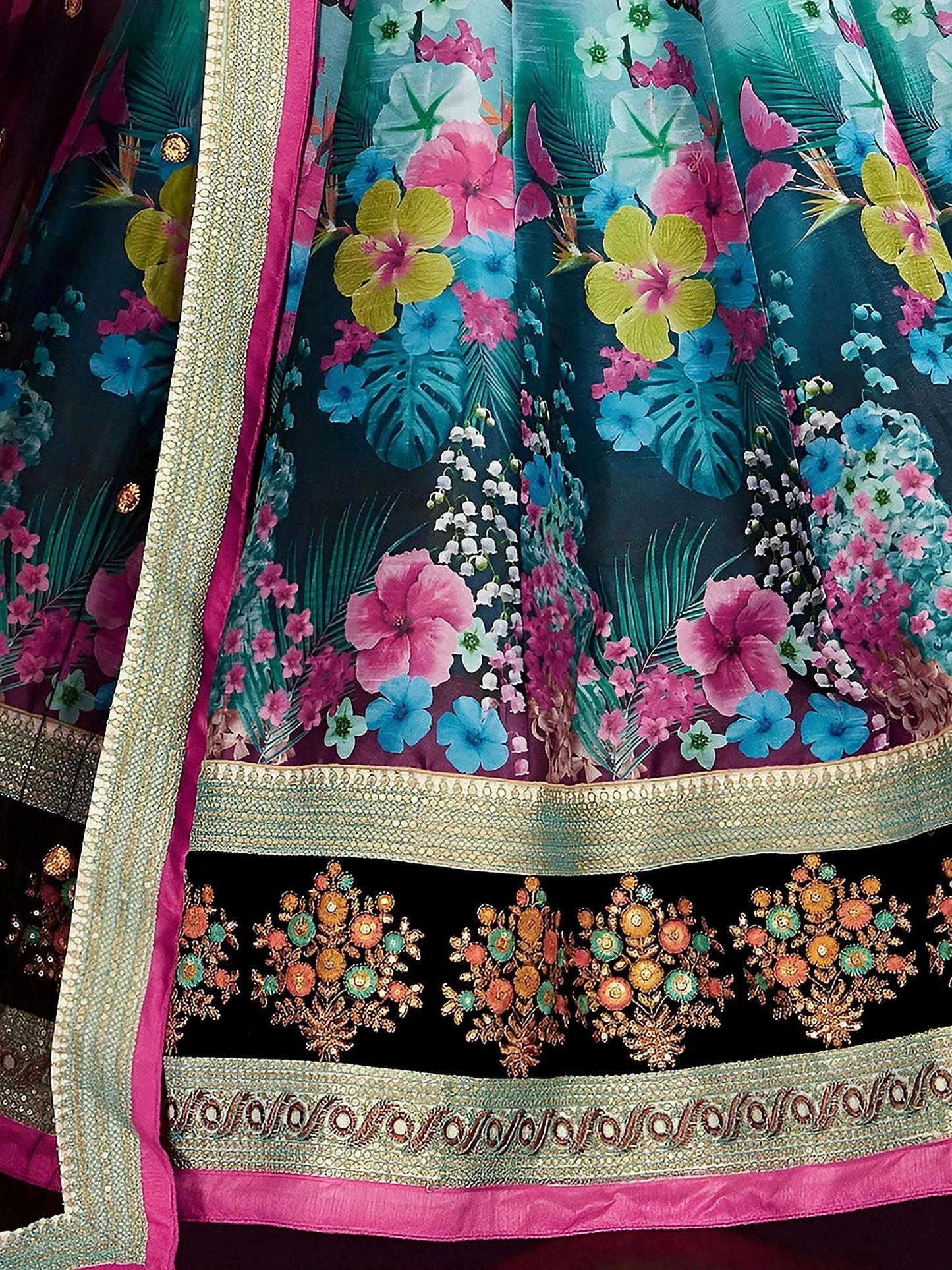 Tulsi Art Attractive Blue Floral Printed Banglori Silk Bridal Lehenga With Black Choli