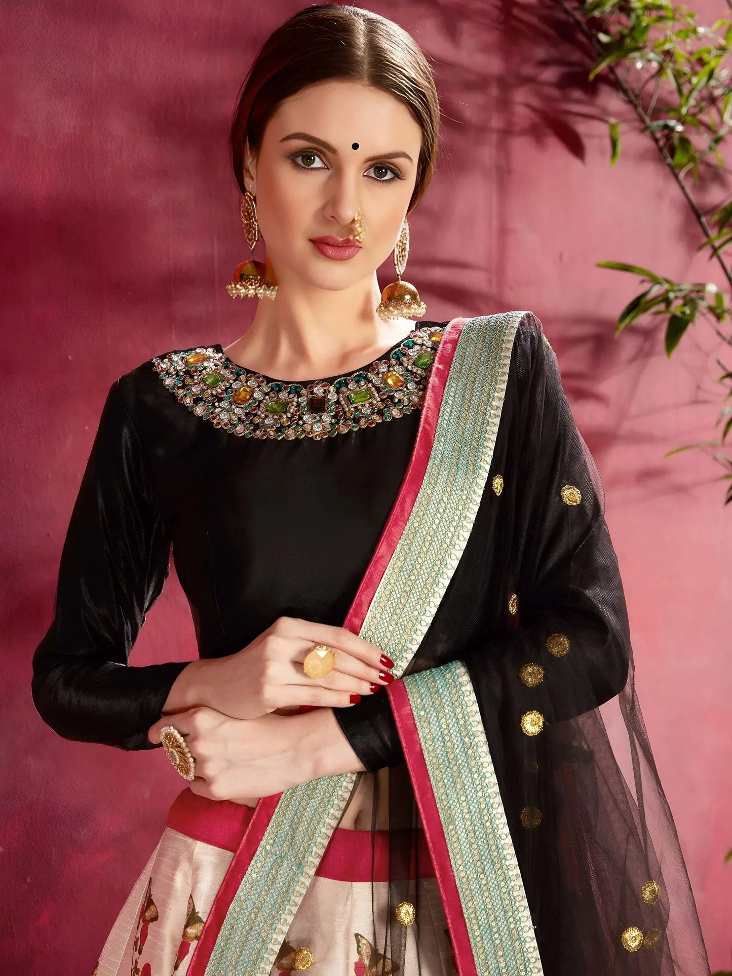 Tulsi Art Multi Color Floral Printed Banglory Silk Bridal Lehenga Black Choli And Dupatta
