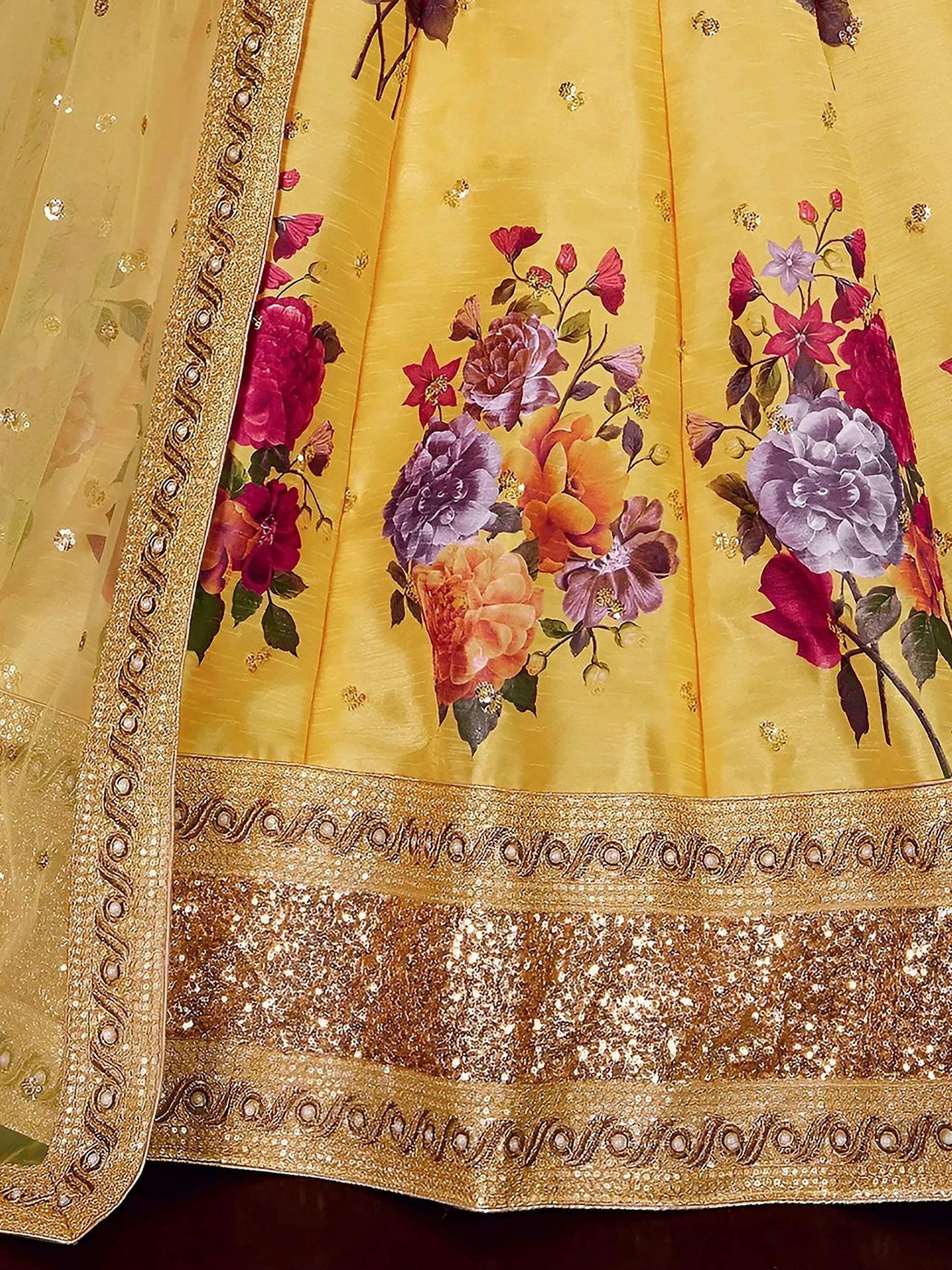 Tulsi Art Yellow Floral Printed Banglori Silk Bridal Lehenga Choli With Dupatta