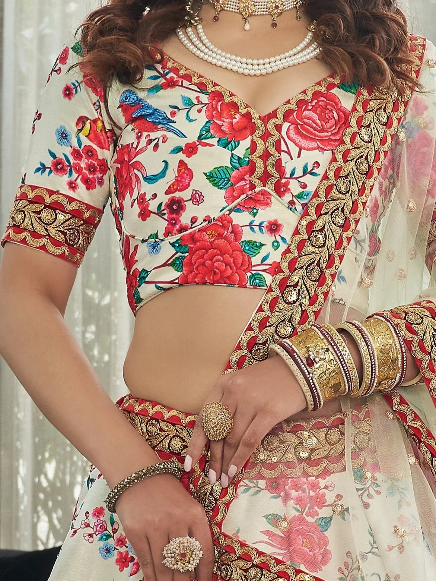 Tulsi Art Capricious Off-White Floral Printed Art Silk Lehenga Choli