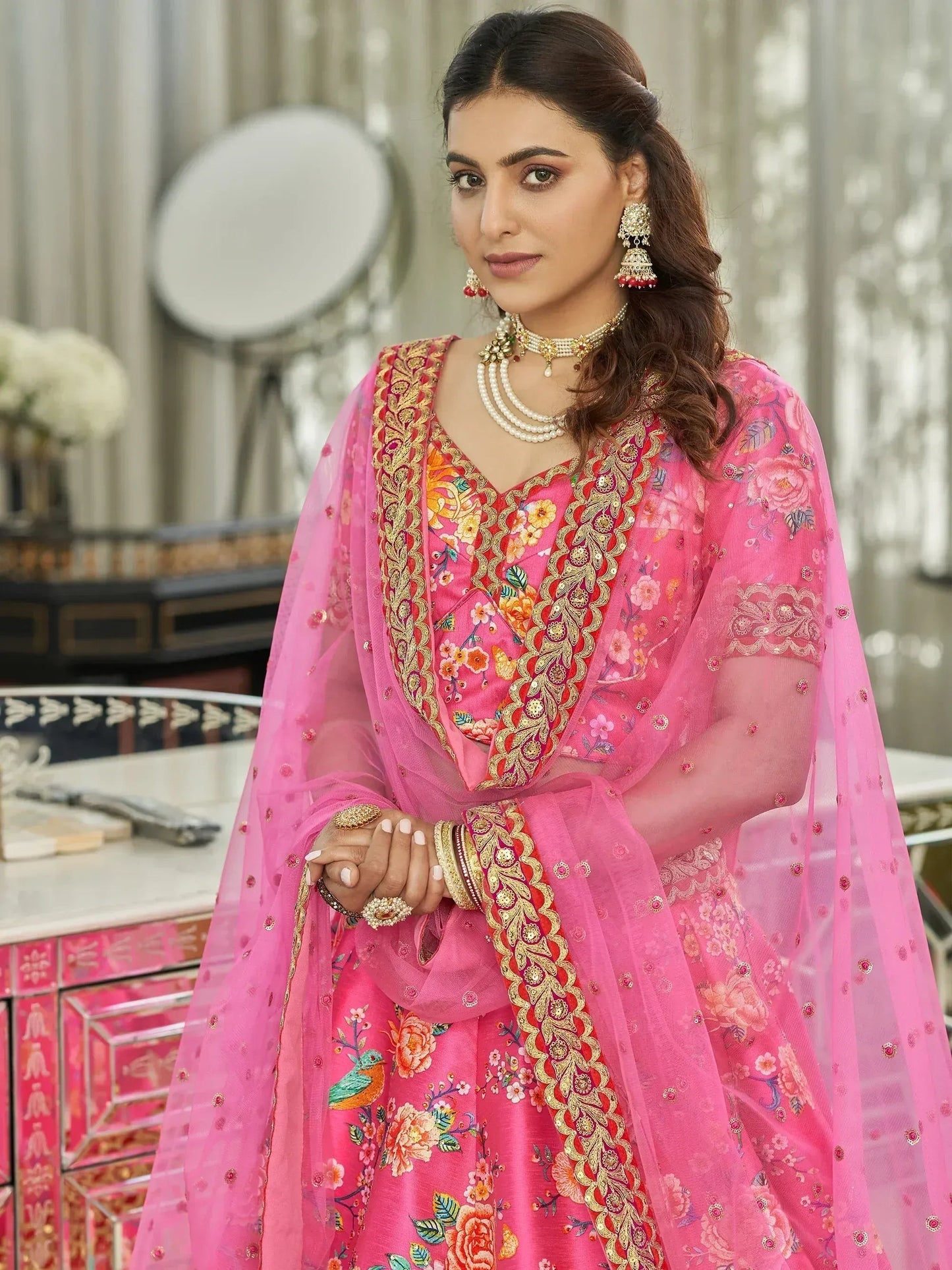 Tulsi Art Marvelous Deep Pink Floral Printed Art Silk Lehenga Choli With Dupatta