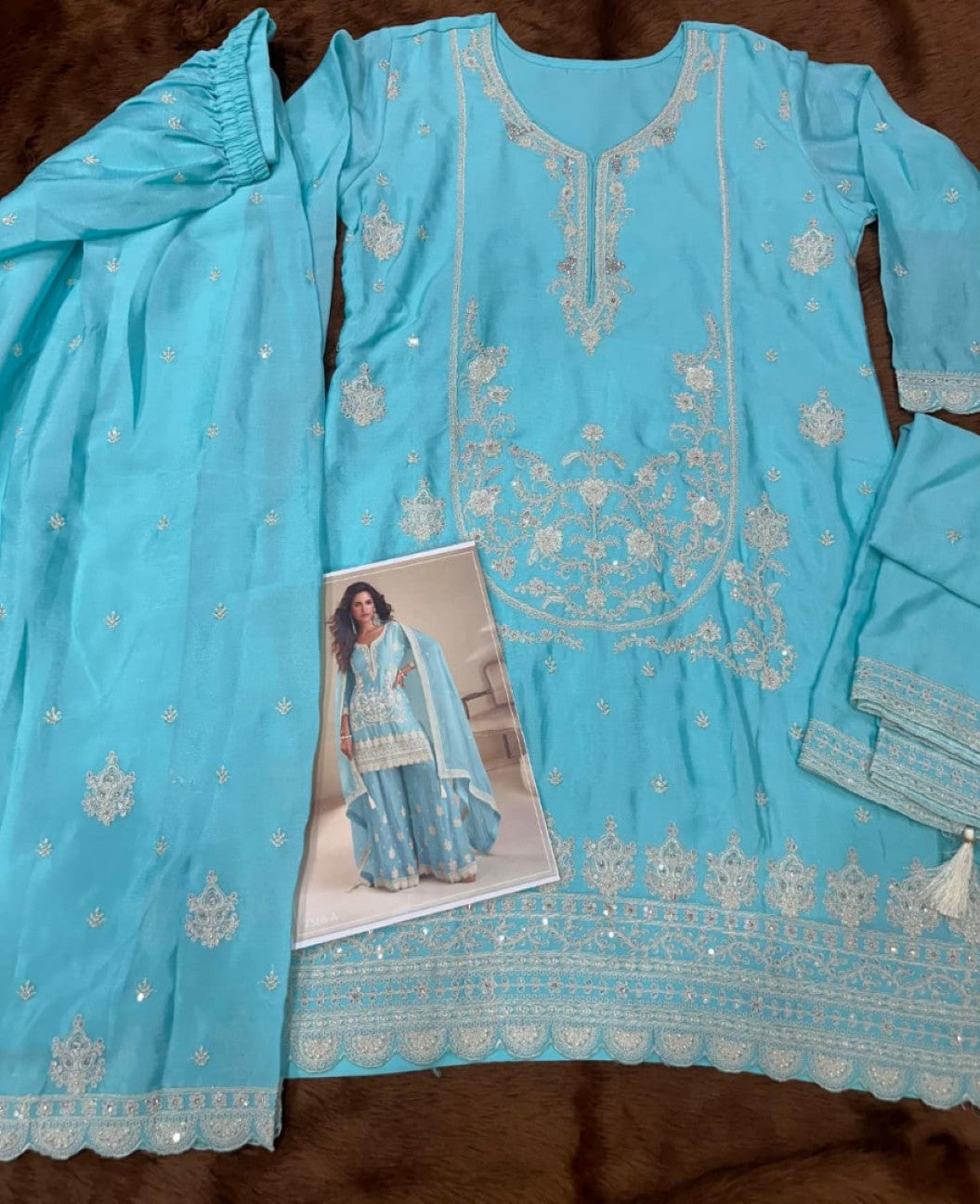 Anaita Sky Chinon Stitched Suit with Embroidery & Sequence Work