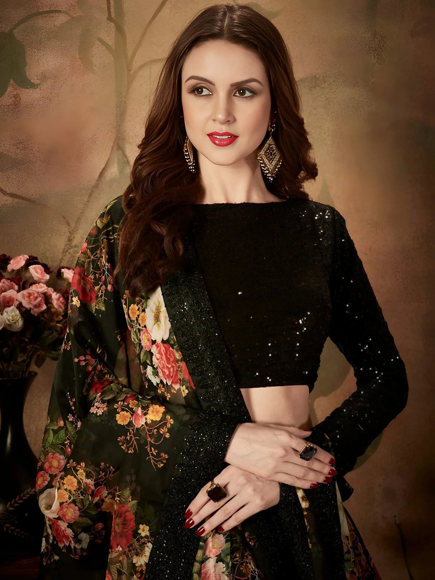 Tulsi Art Black Floral Digital Printed Organza Party Wear Lehenga Choli