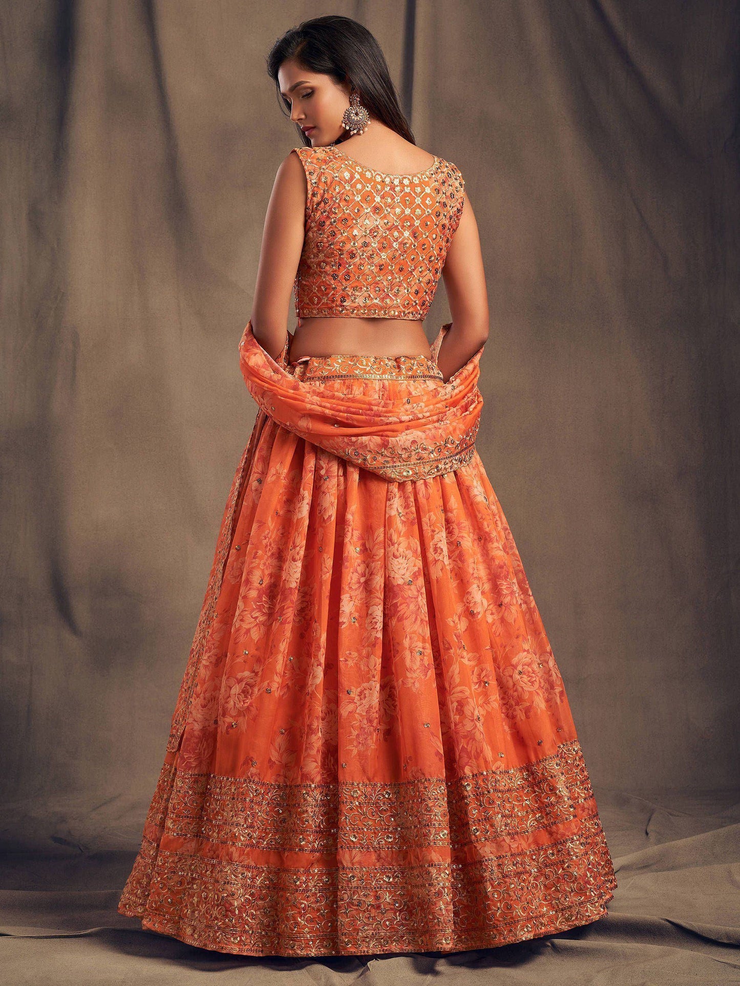 Tulsi Art Orange Floral Embroidered Organza Wedding Wear Lehenga Choli
