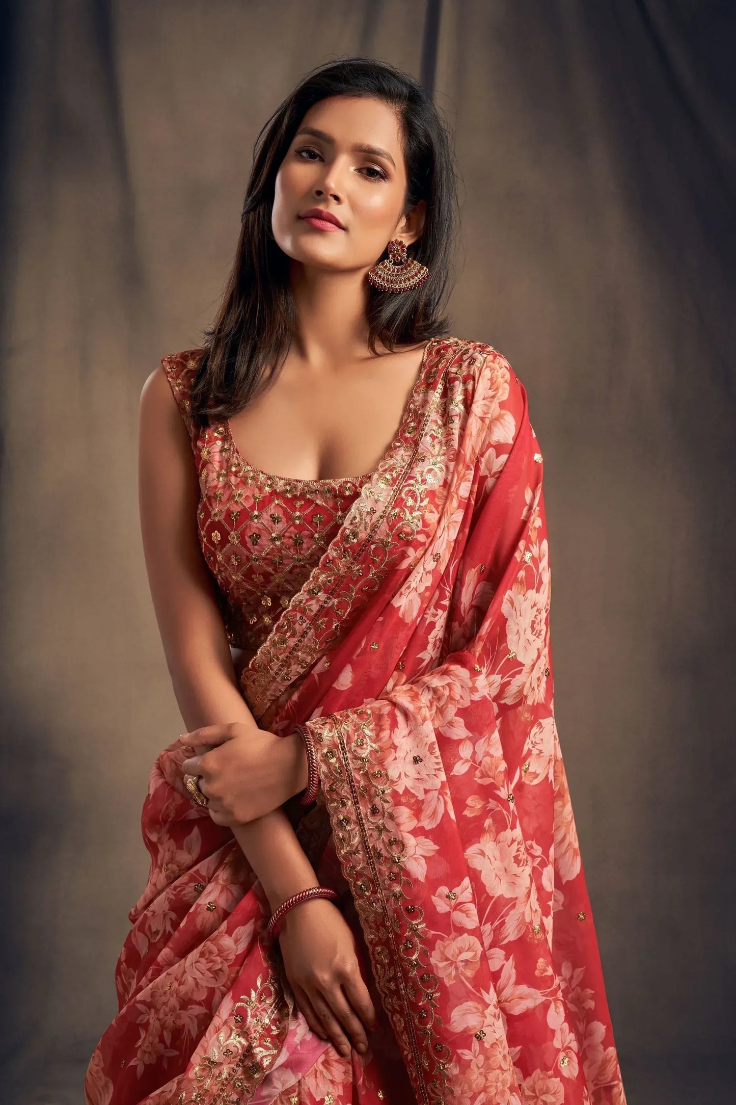 Tulsi Art Shraddha Kapoor Red Floral Printed Organza Wedding Wear Lehenga Choli