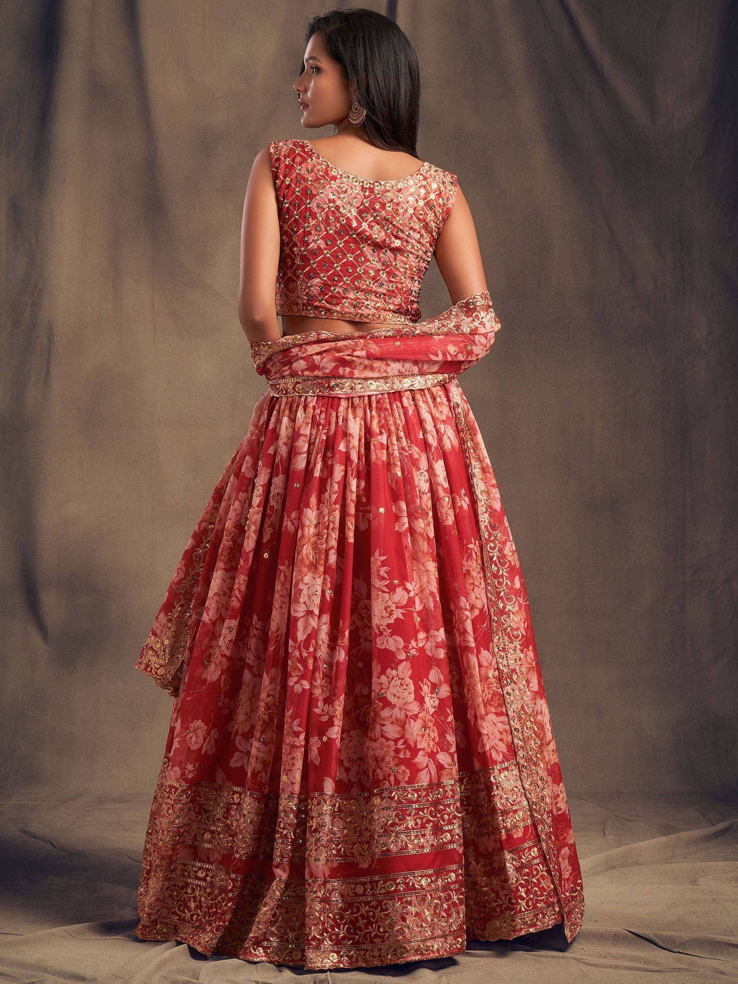 Tulsi Art Red Floral Embroidered Organza Wedding Wear Lehenga Choli
