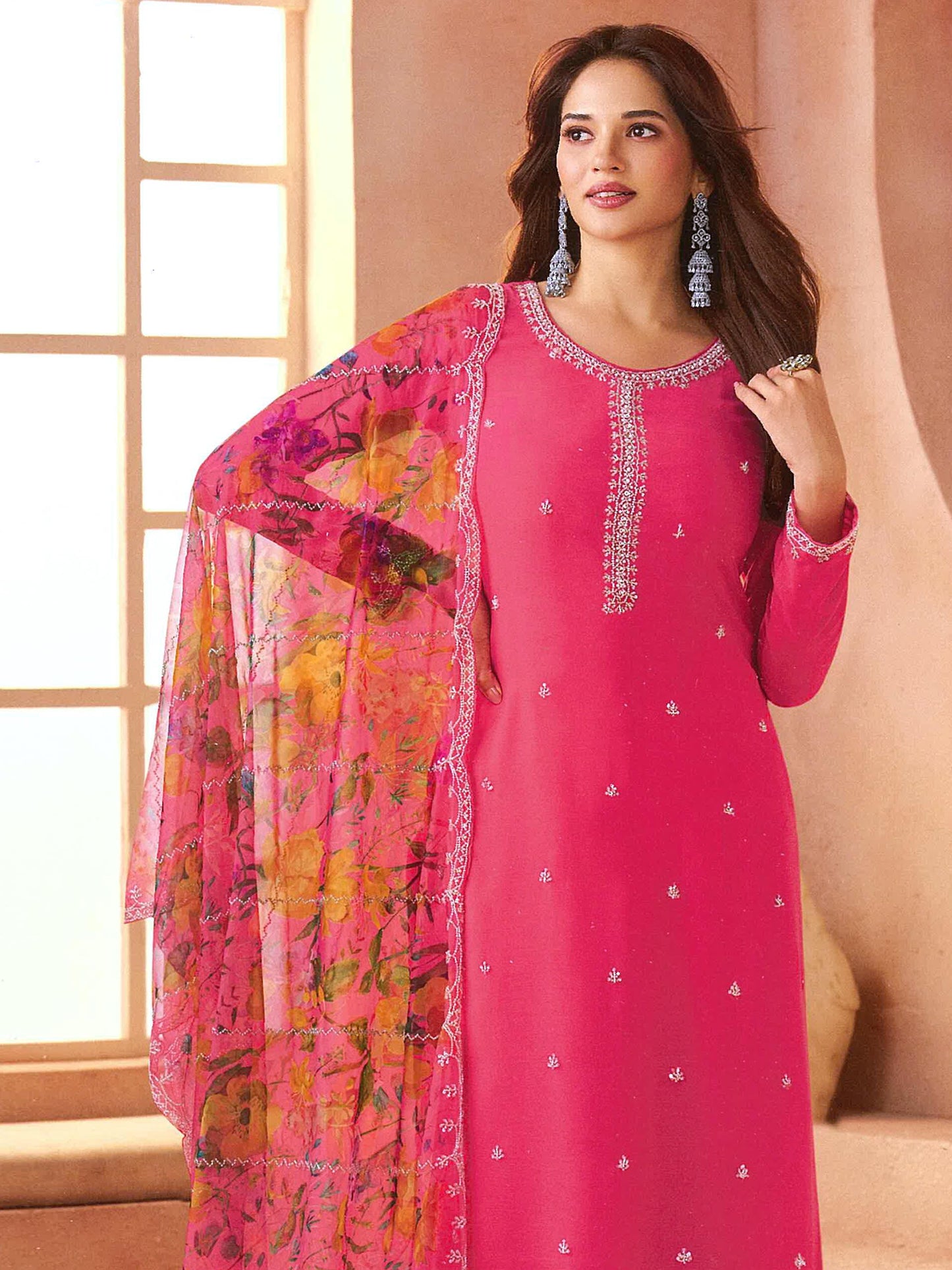 Anaita Magenta Chiffon Suit with Digital Printed & Beats Work