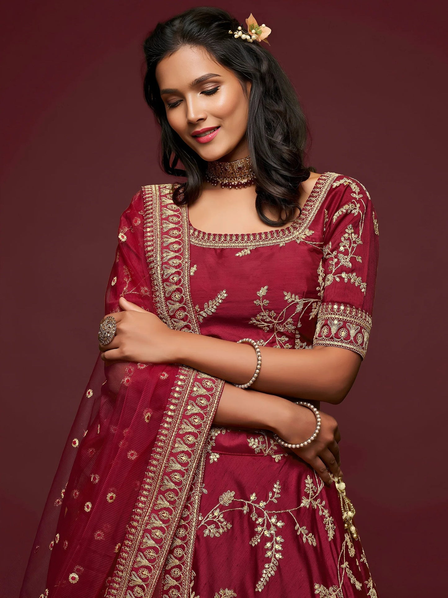 Tulsi Art Maroon Thread Embroidery Art Silk Wedding Wear Lehenga Choli