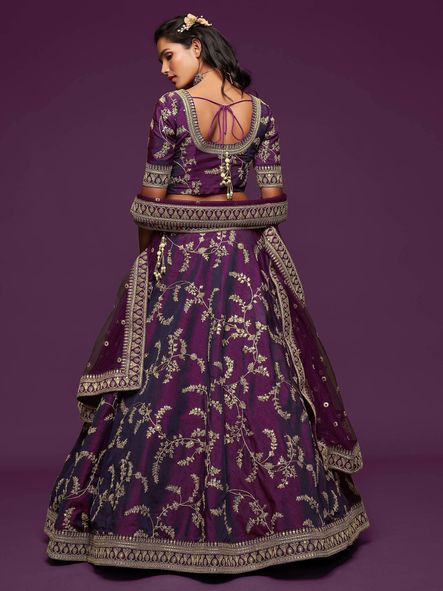 Tulsi Art Purple Thread Embroidery Art Silk Wedding Wear Lehenga Choli