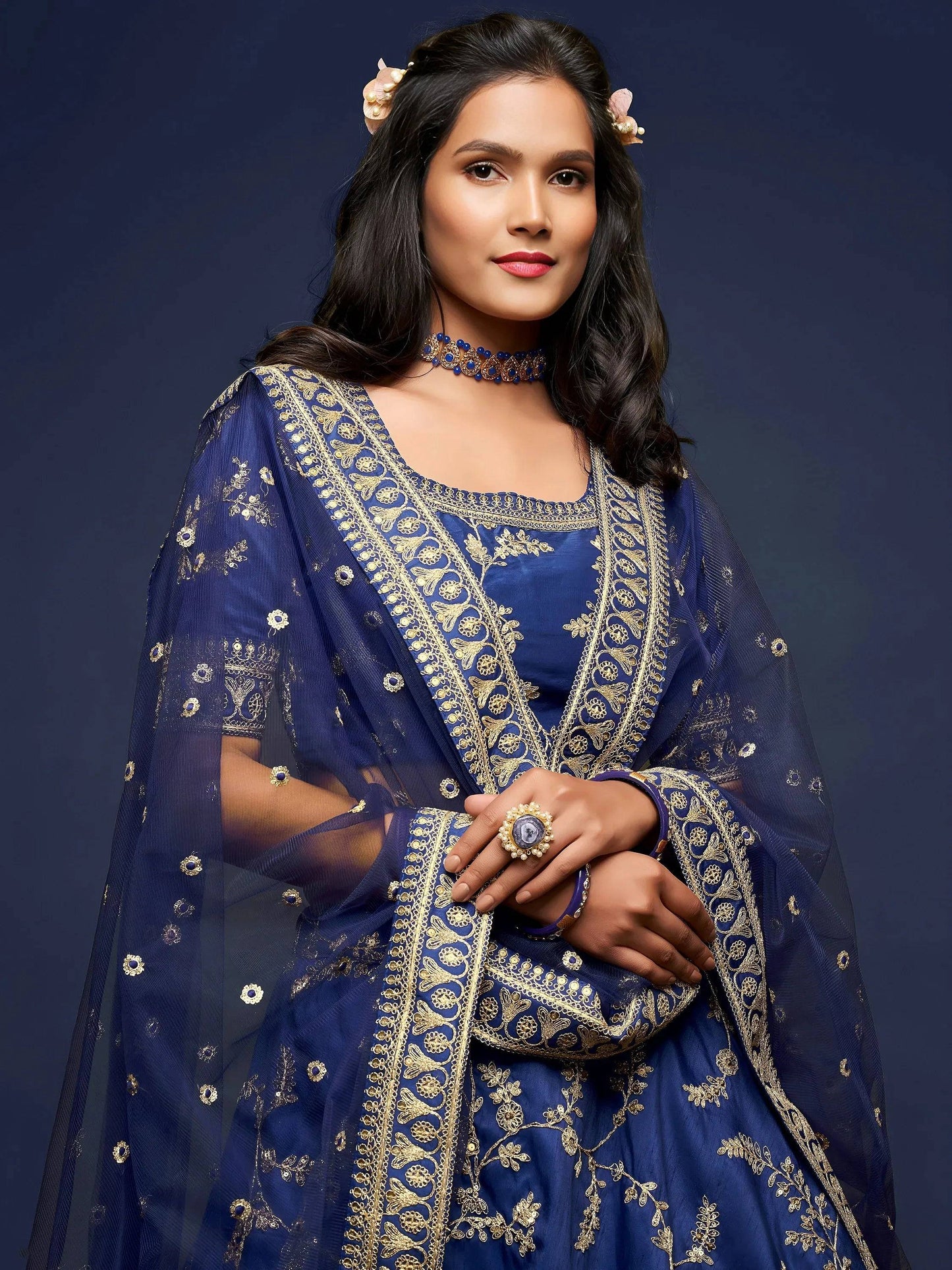 Tulsi Art Blue Thread Embroidery Art Silk Wedding Wear Lehenga Choli