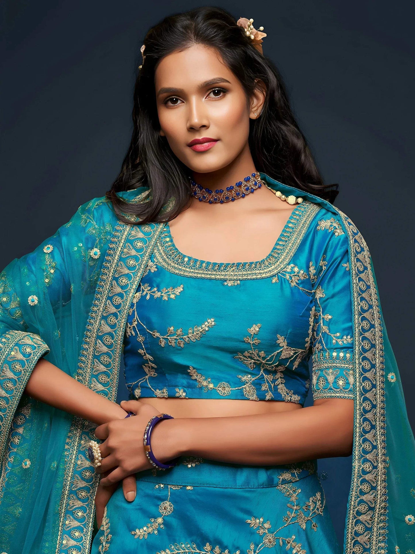 Tulsi Art Teal Blue Thread Embroidery Art Silk Wedding Wear Lehenga Choli