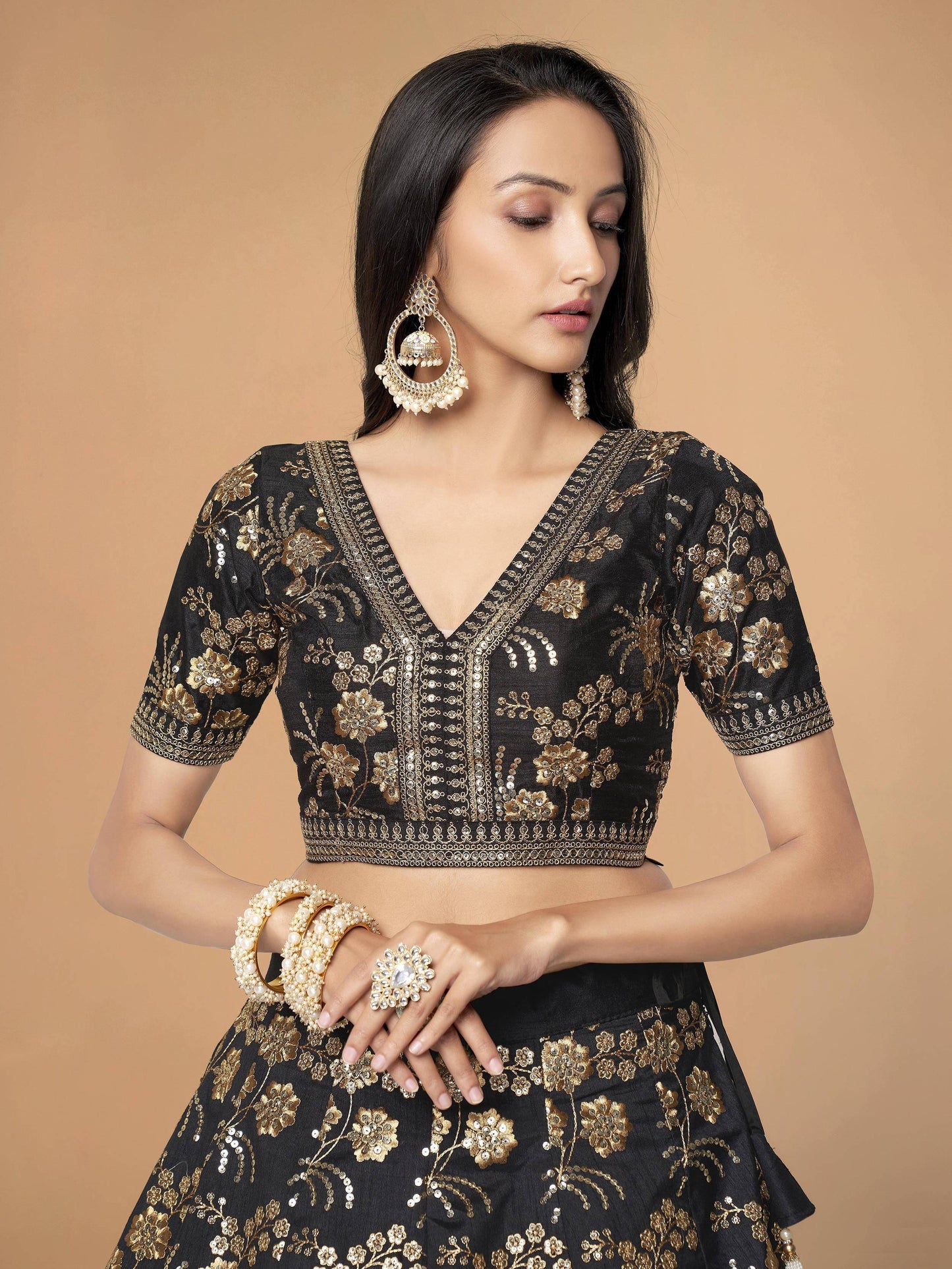 Tulsi Art Magnetic Black Sequins Work Slub Silk Reception Wear Lehenga Choli