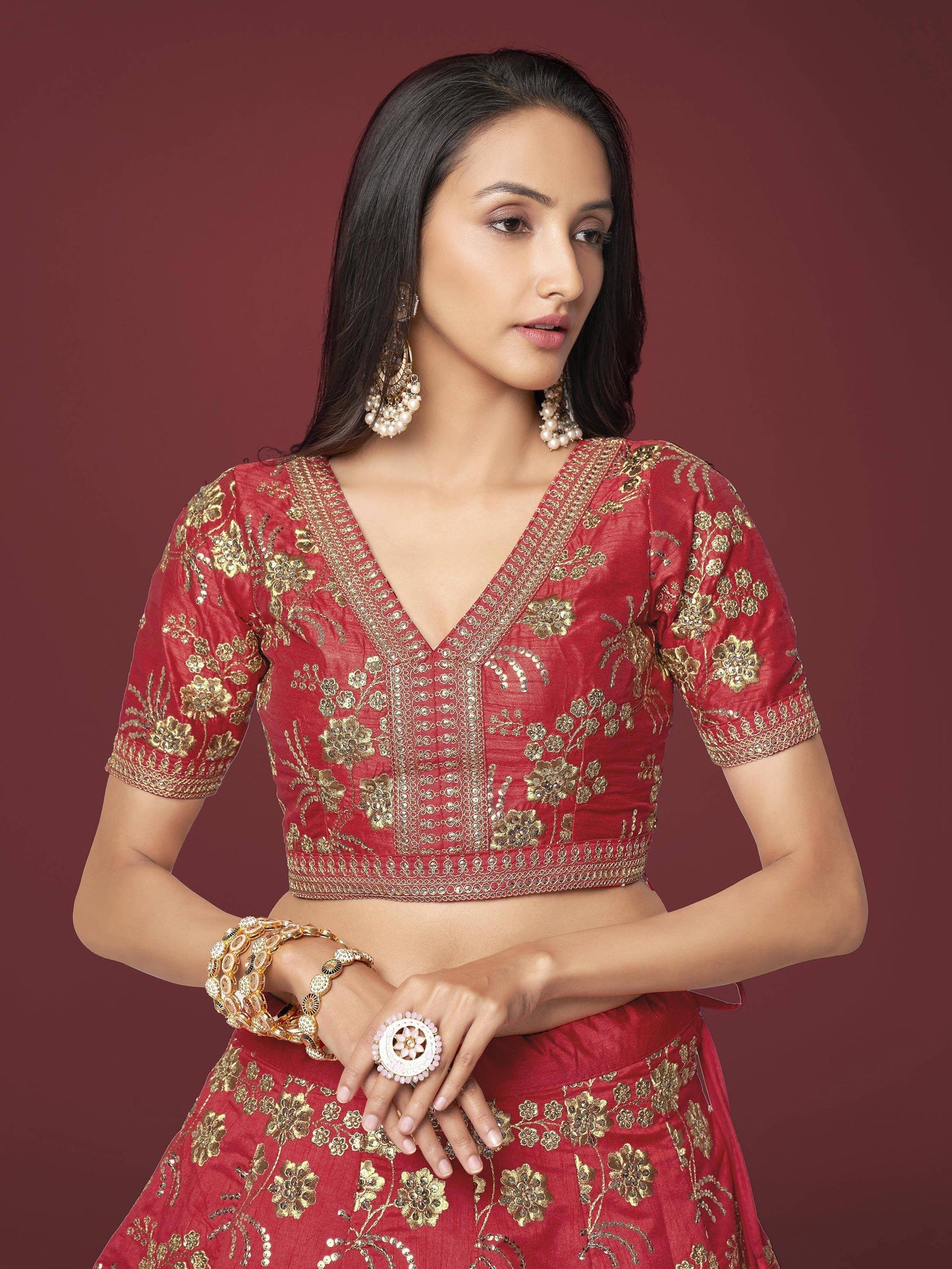 Tulsi Art Bewitching Red Zari Work Slub Silk Wedding Wear Lehenga Choli