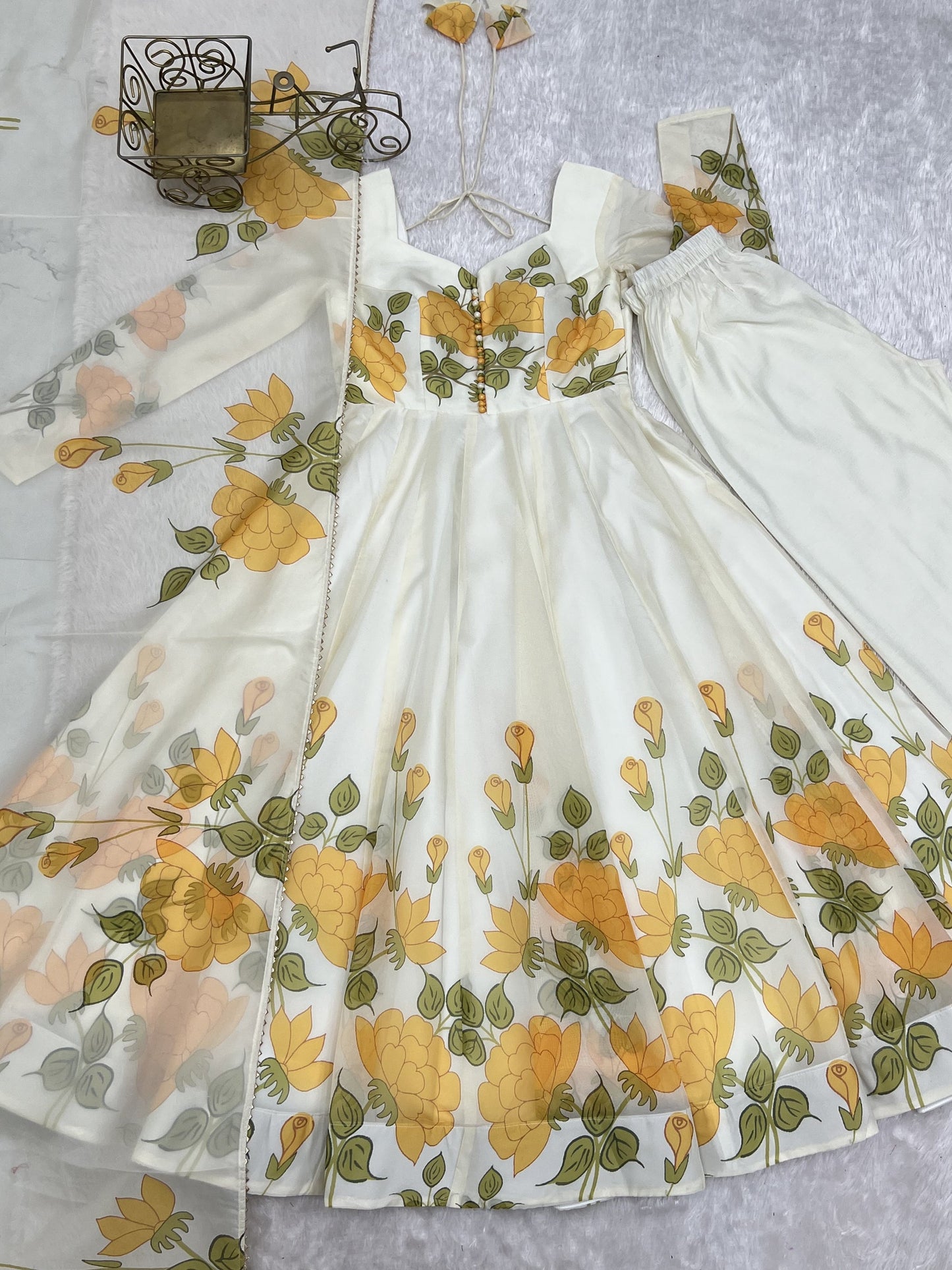 Lorenvalley Fashion Offwhite Organza Silk Floral Print Anarkali Gown Pant With Dupatta