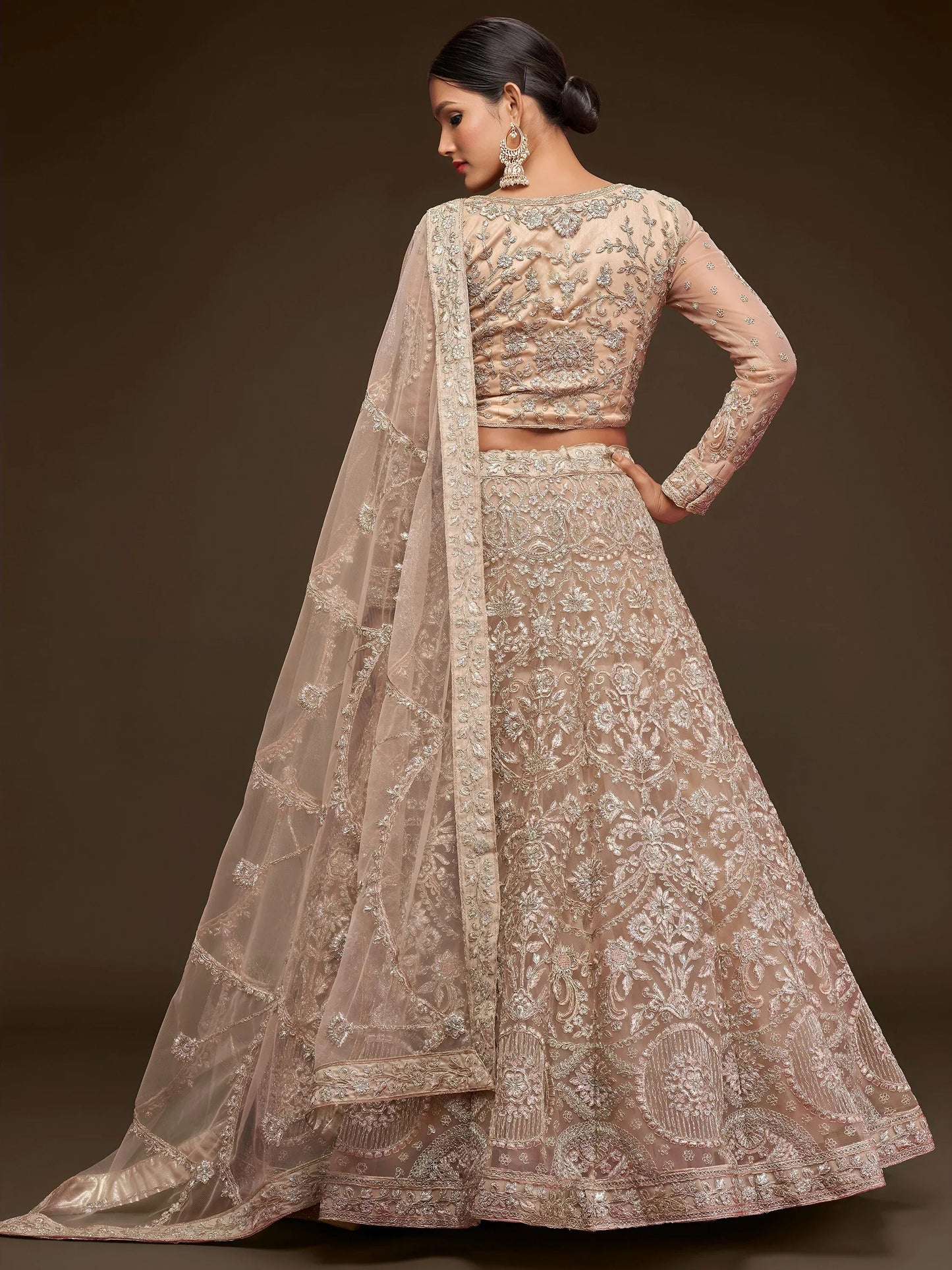Tulsi Art Ravishing Beige Embroidered Soft Net Ceremony Wear Lehenga Choli