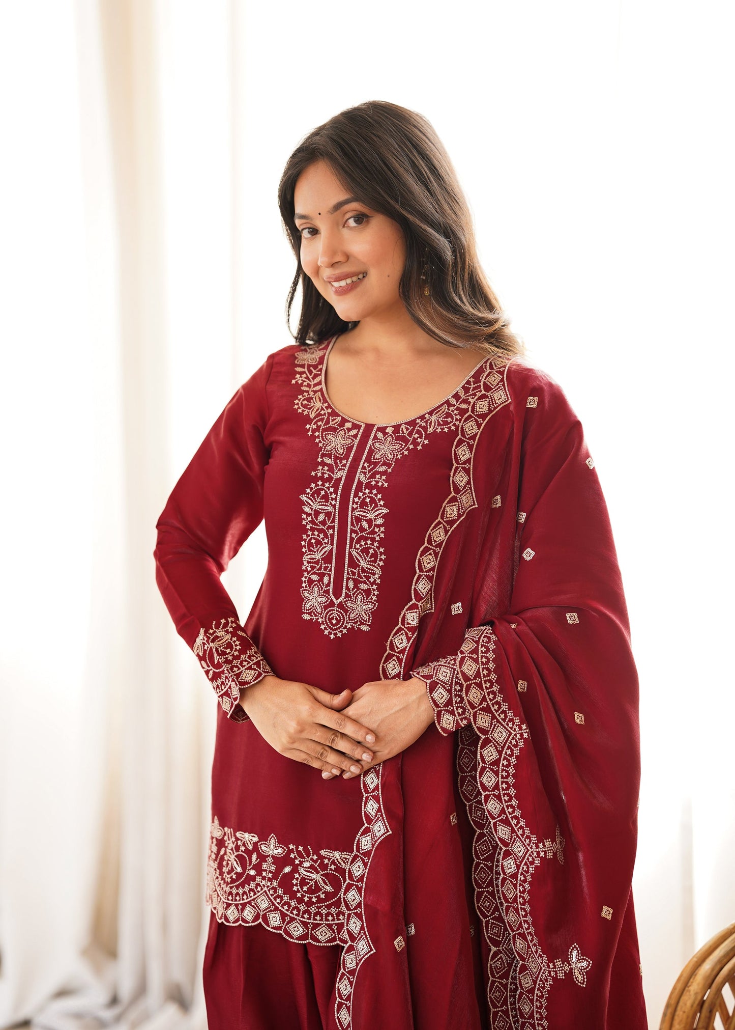 Lorenvalley Fashion Maroon Glass Roman Silk with Embroidery Sequence and Jari Work Kurta Farshi Salwar with Dupatta