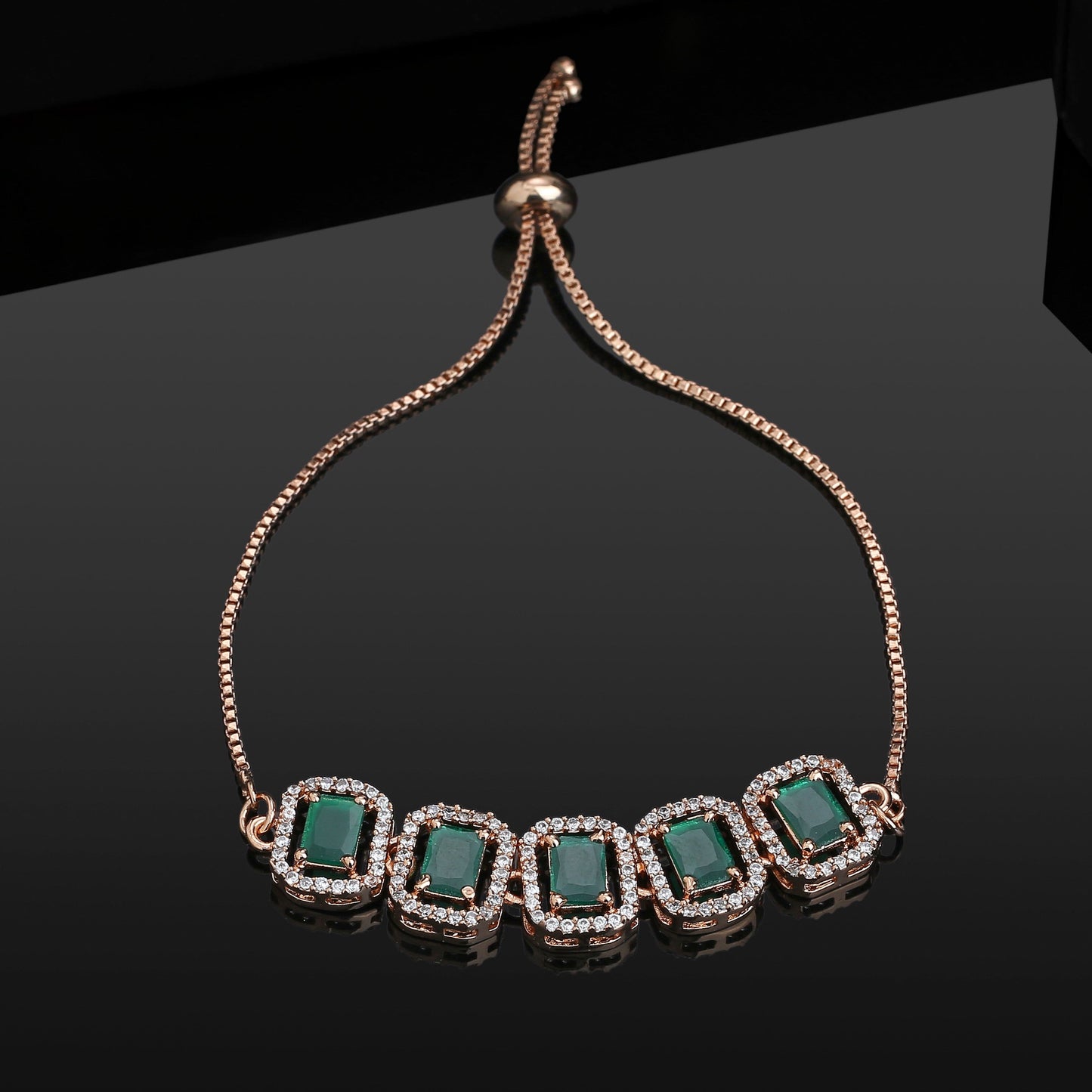 Estele Rose Gold Plated CZ Ossum Octagon Bracelet with Green Crystals for Women
