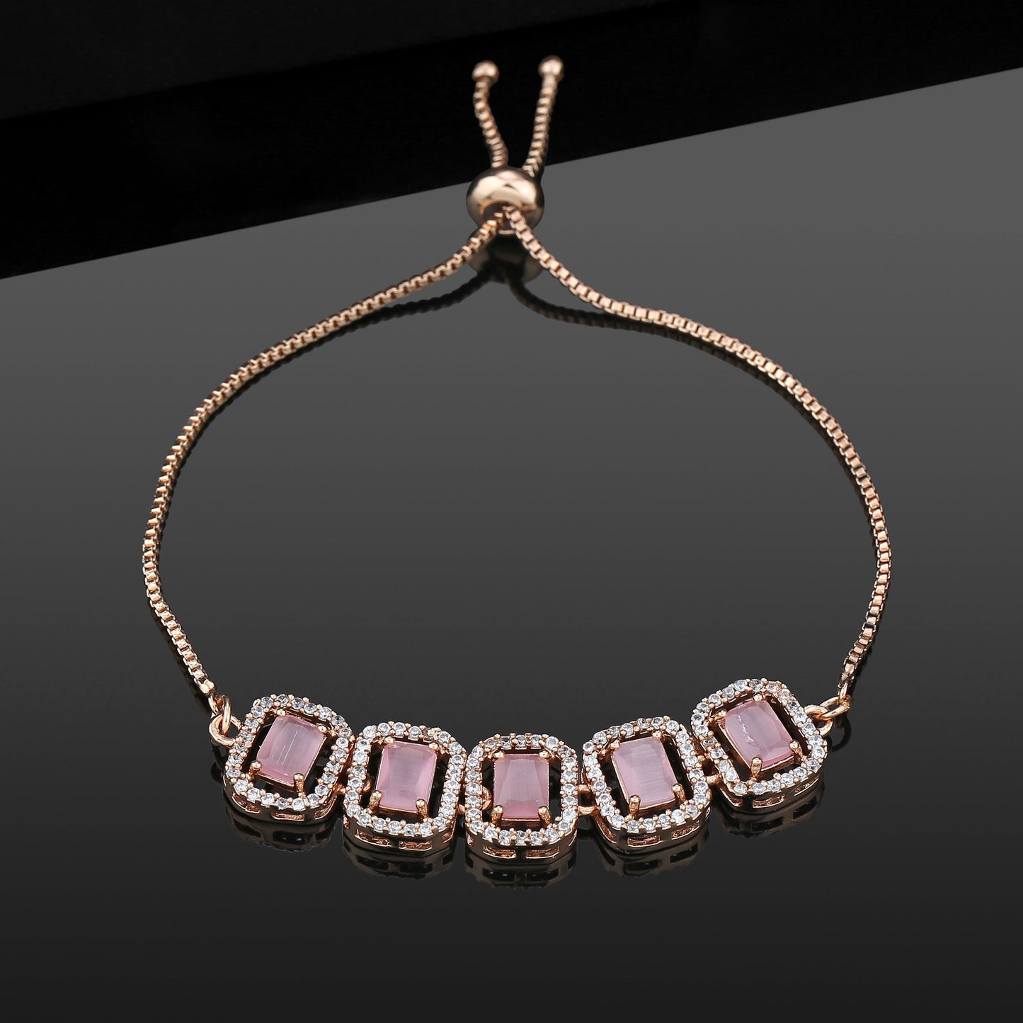 Estele Rose Gold Plated CZ Ossum Octagon Bracelet with Mint Pink Crystals for Women