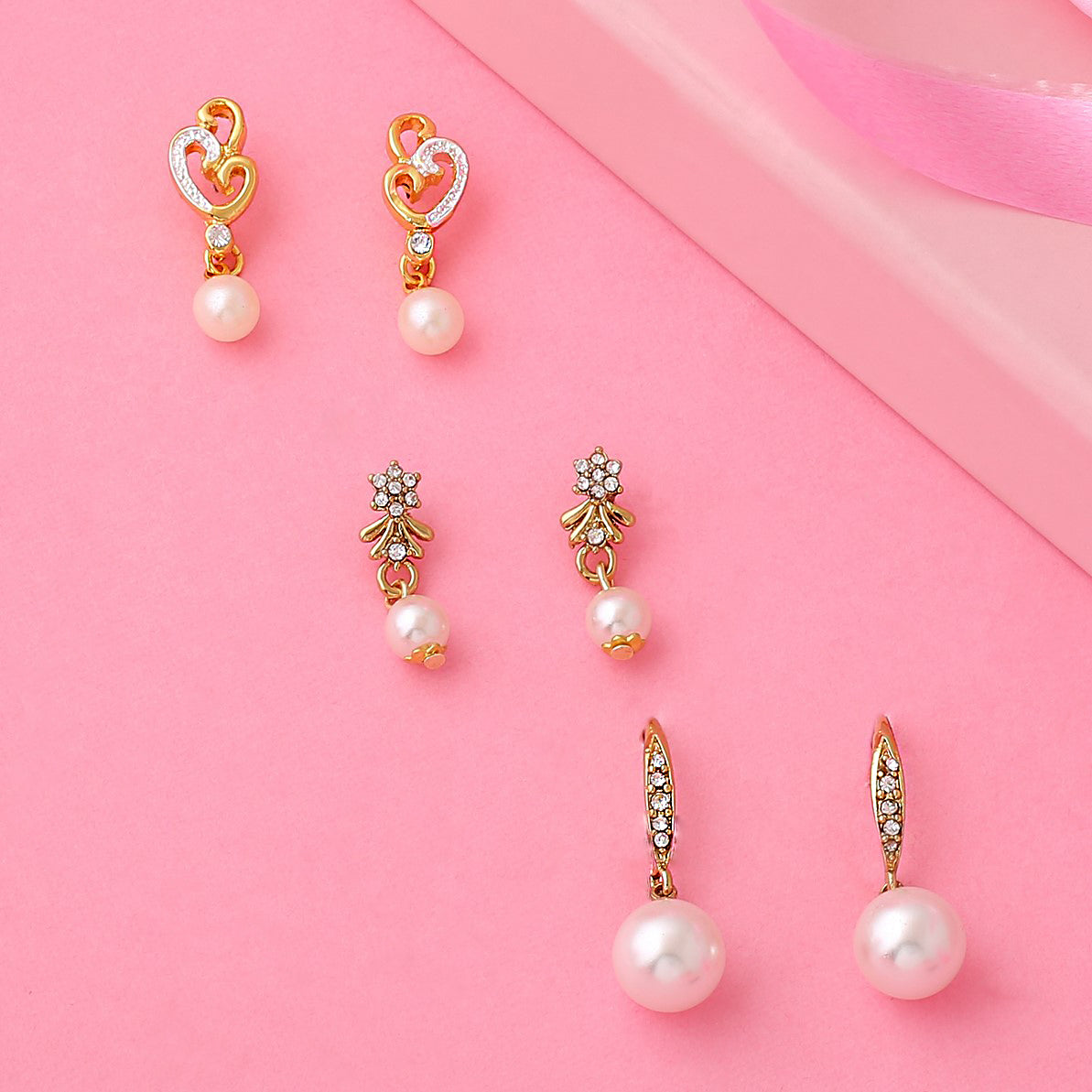 Estele Valentines Day Gift For Her Gold Plated White Pearl Drop Earrings with Austrian Crystals for Girls & Women