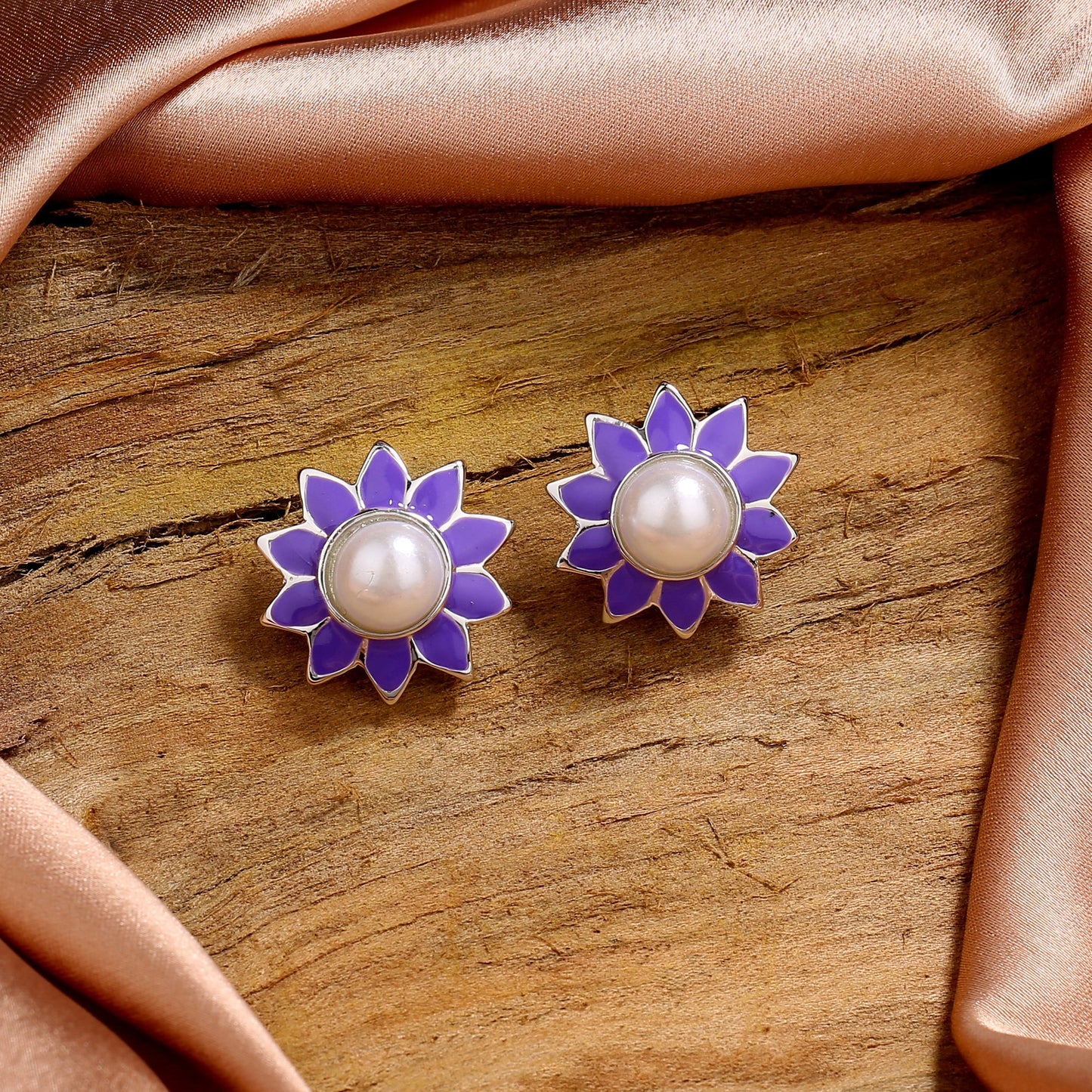 Estele Rhodium Plated Elegant Violet Meenakari Pearl Stud Earrings for Women