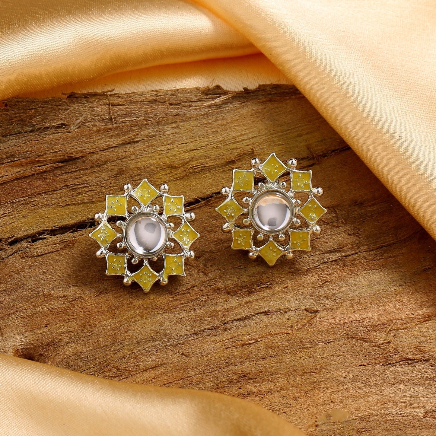Estele Rhodium Plated Dazzling Yellow Meenakari Kundan Stud Earrings for Women