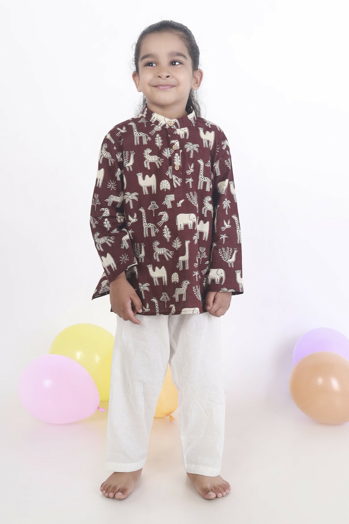 Breathables Kids Cotton Night Suit Wine Animal Print Kurta & Pyjama Co-Ord Set For Boys & Girls