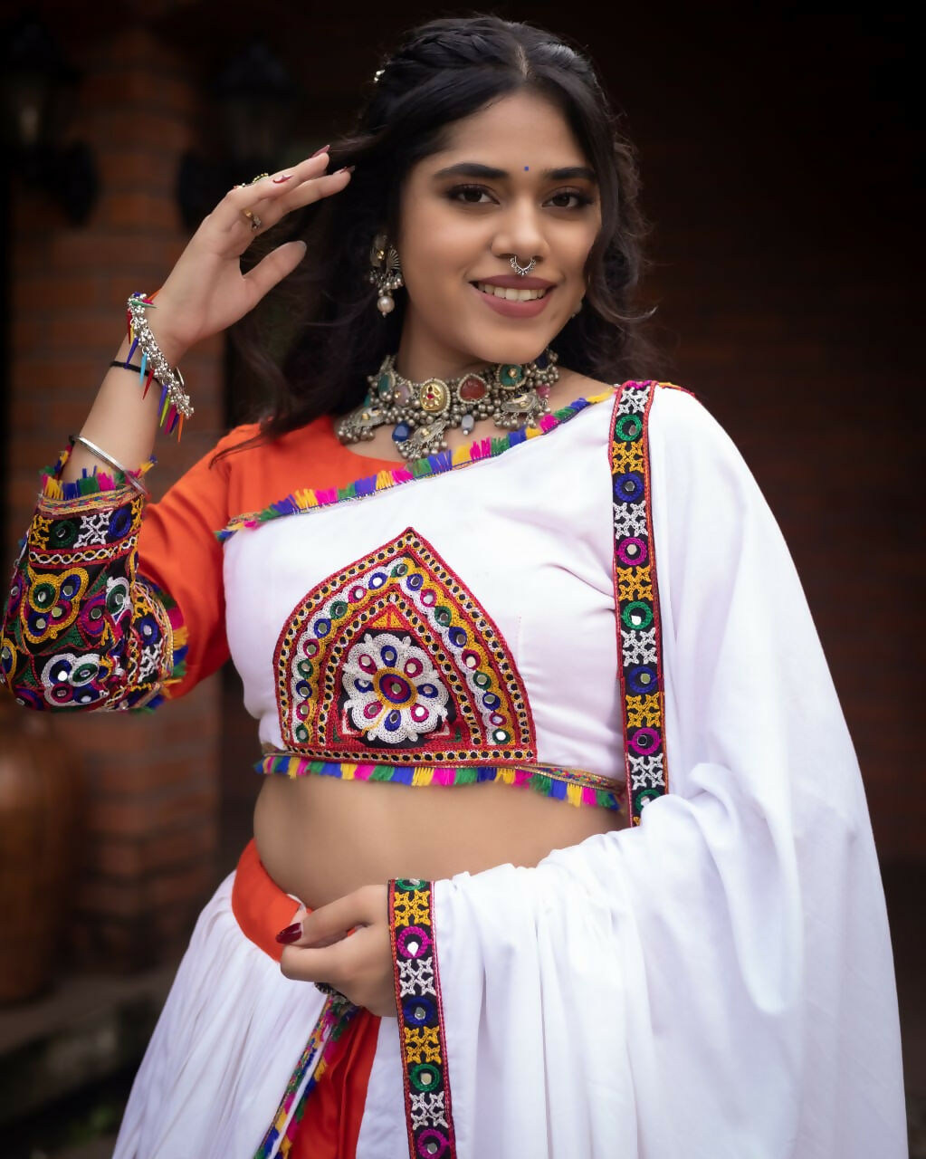 Yash Enterprise Orange White Rayon Cotton Embroidery Semi Stitched Navratri Top Chaniya Choli