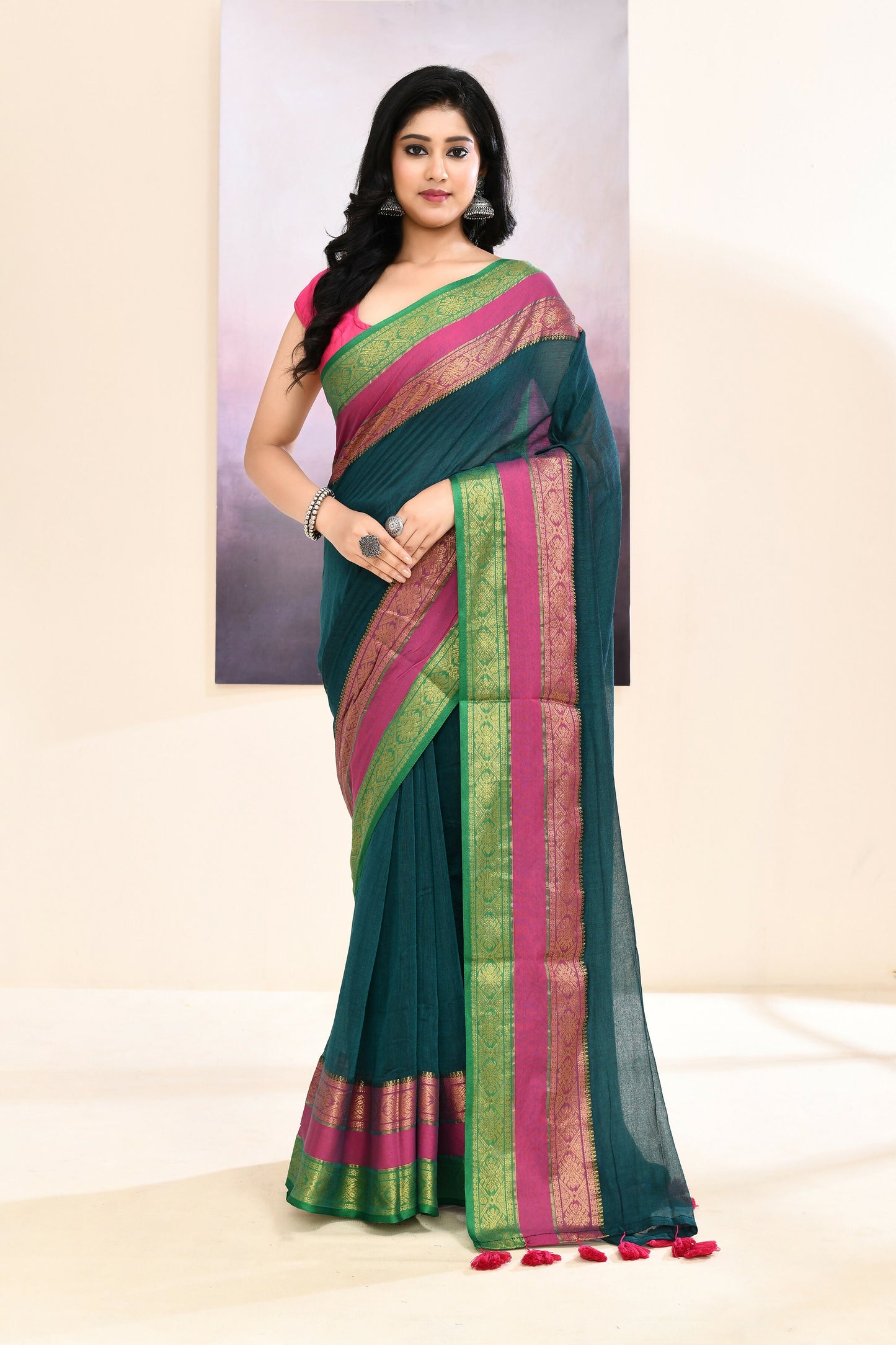 Piyari Fashion Women's Teal Embellished Zari Border Cotton Saree
