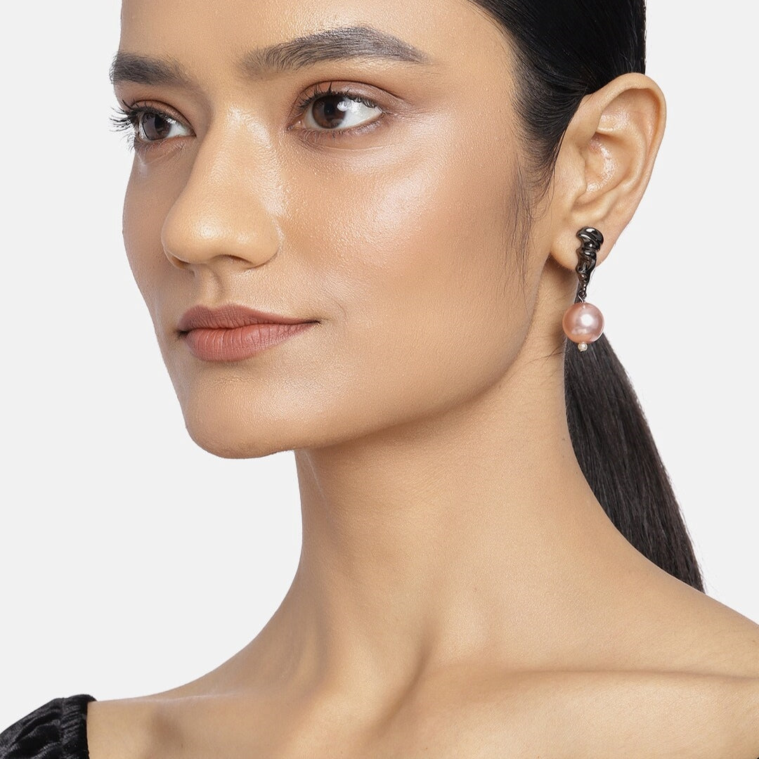 Estele Shining Black Plated Blush Pearl Drop Earrings for Women, Girls
