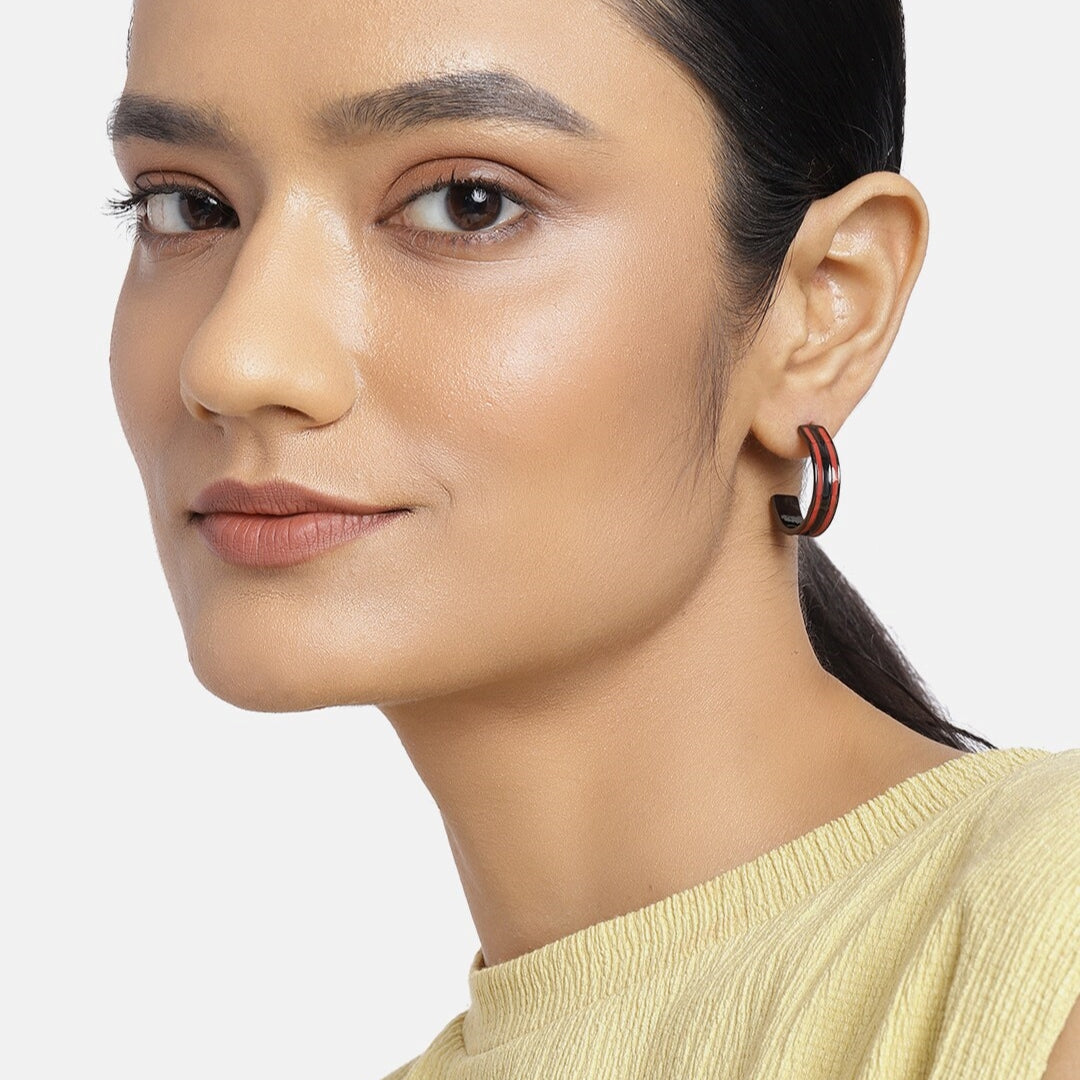 Estele Black Chrome Plated Red and Black Enamel Half Hoop Earrings for Girls and Women